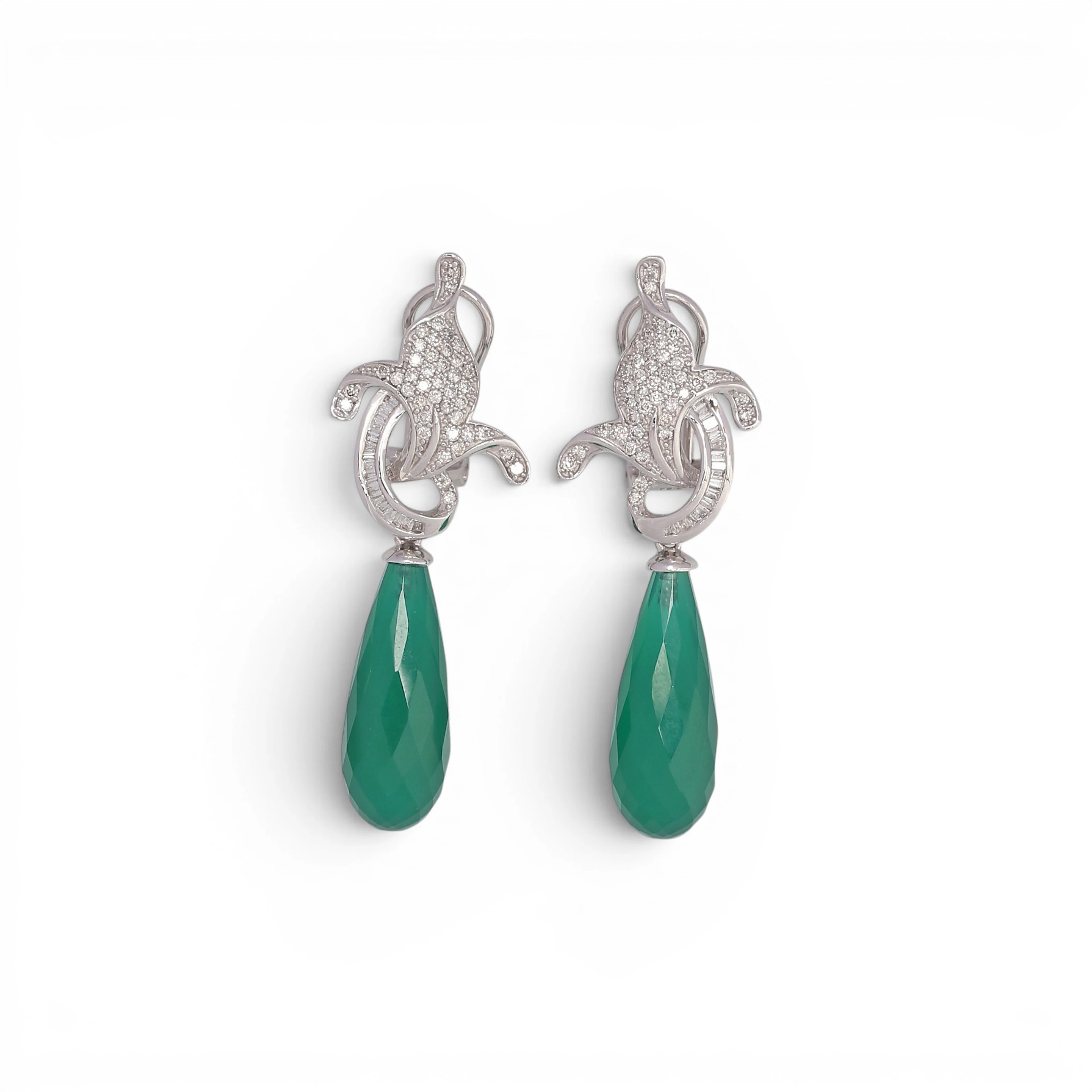 Diamonds and chrysoprase long earrings.