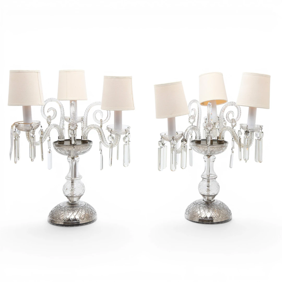 Pair of French "girandole" candelabra lamps in caved glass, first