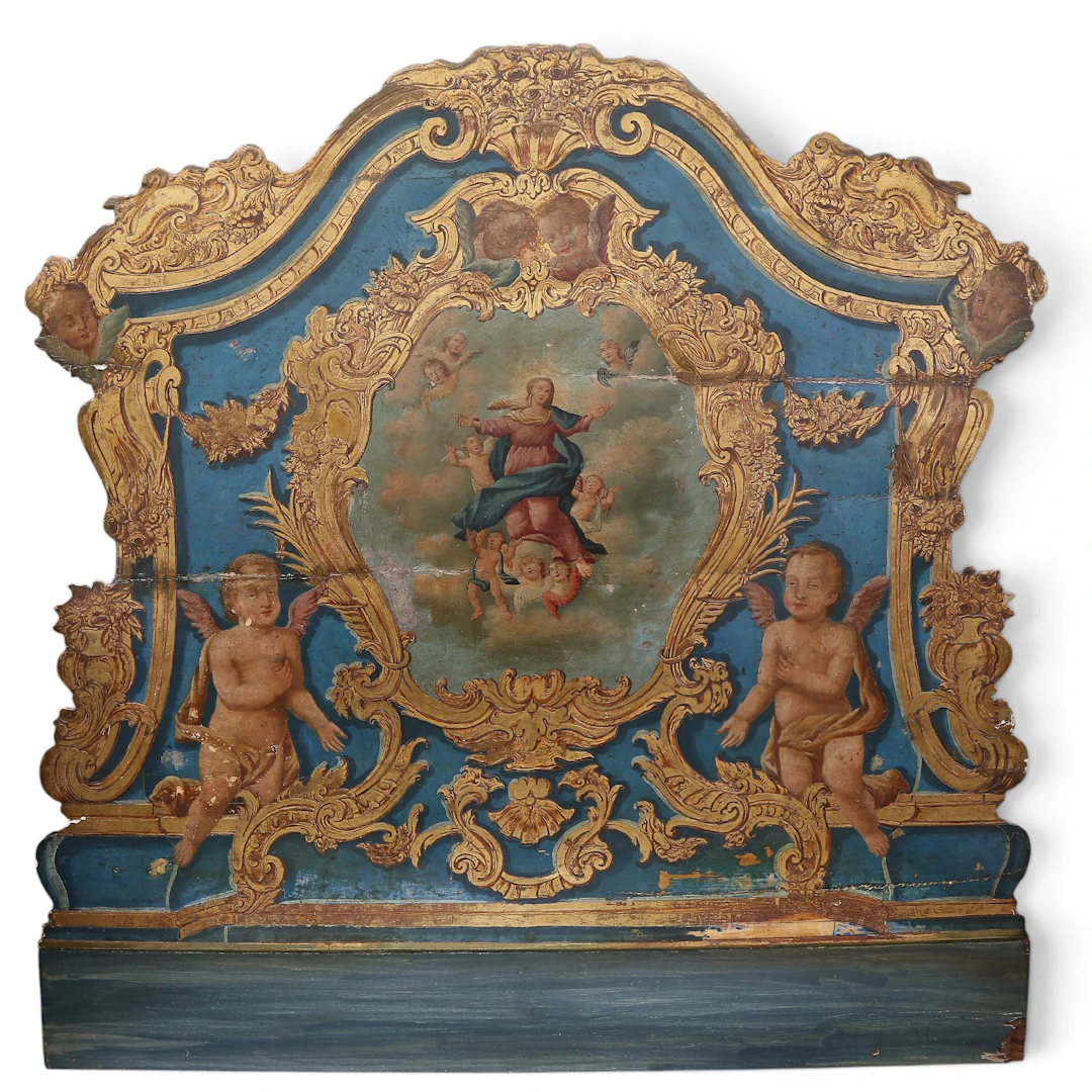 Charles III Olot-style bed headboard in polychrome and gilt wood, 18th century.