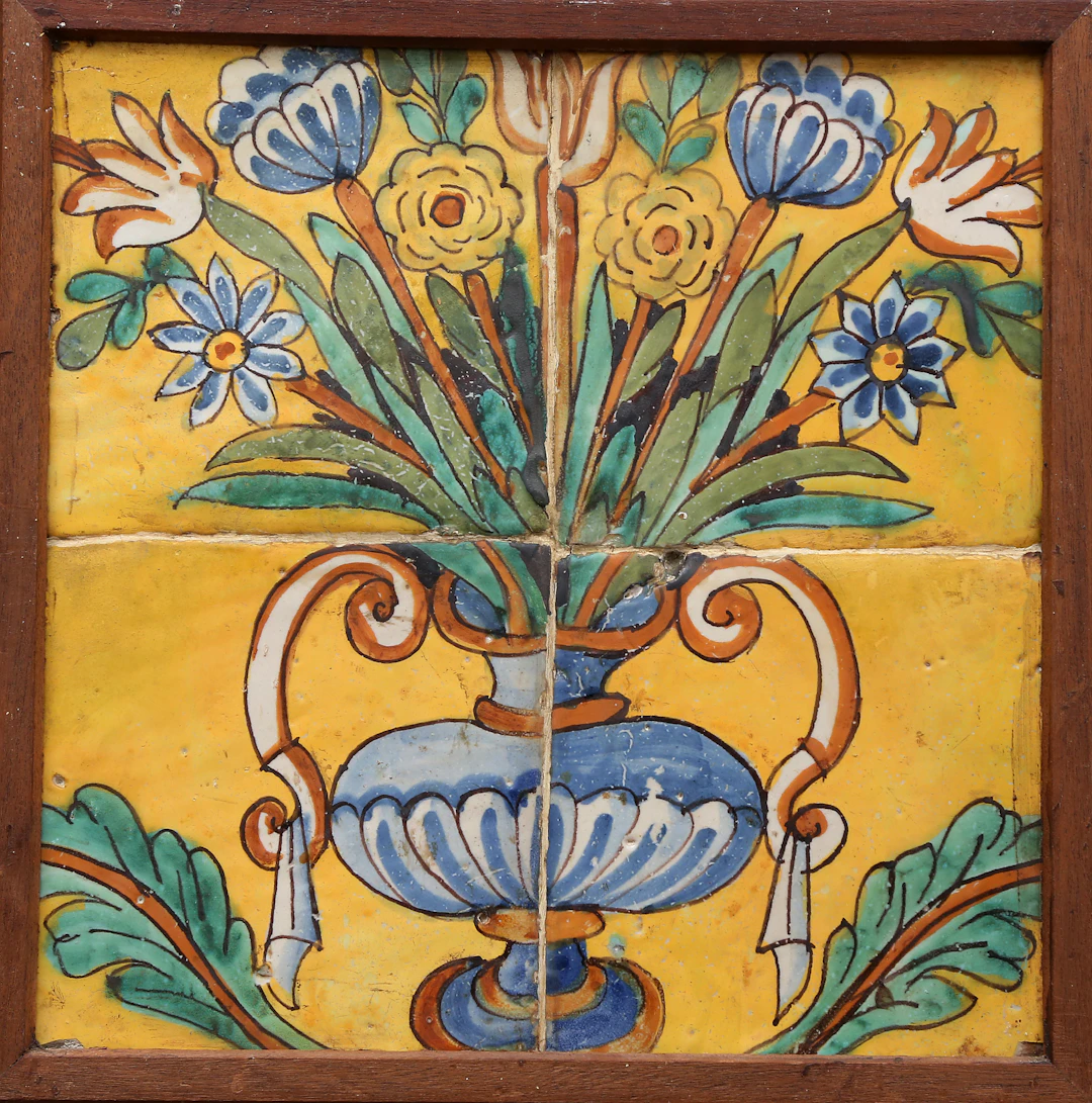 "Flowers vase", panel of four Catalan tiles, 17th Century.