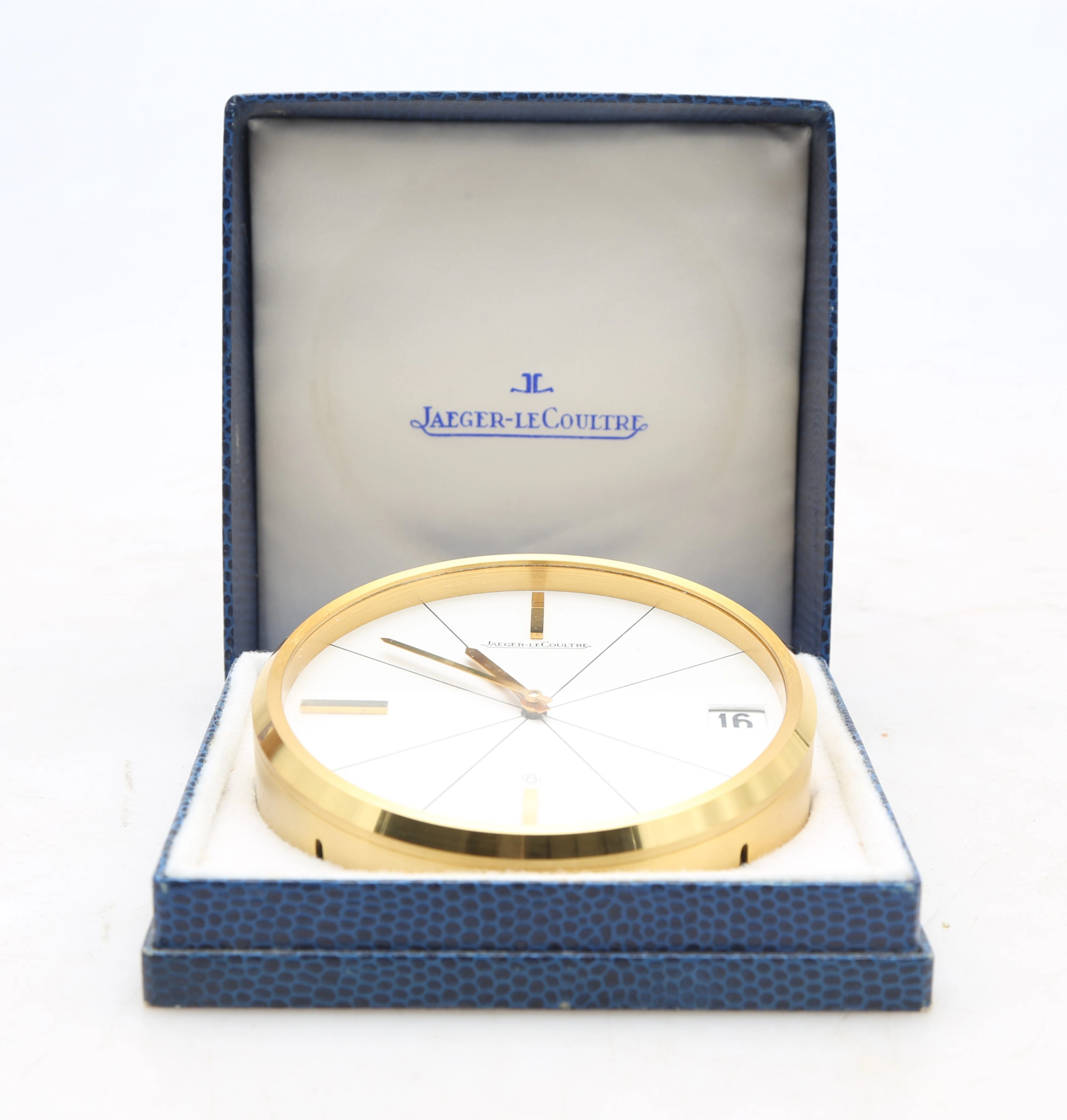 Jaeger-Le Coultre table clock in gilt brass and glass, circa 1960.