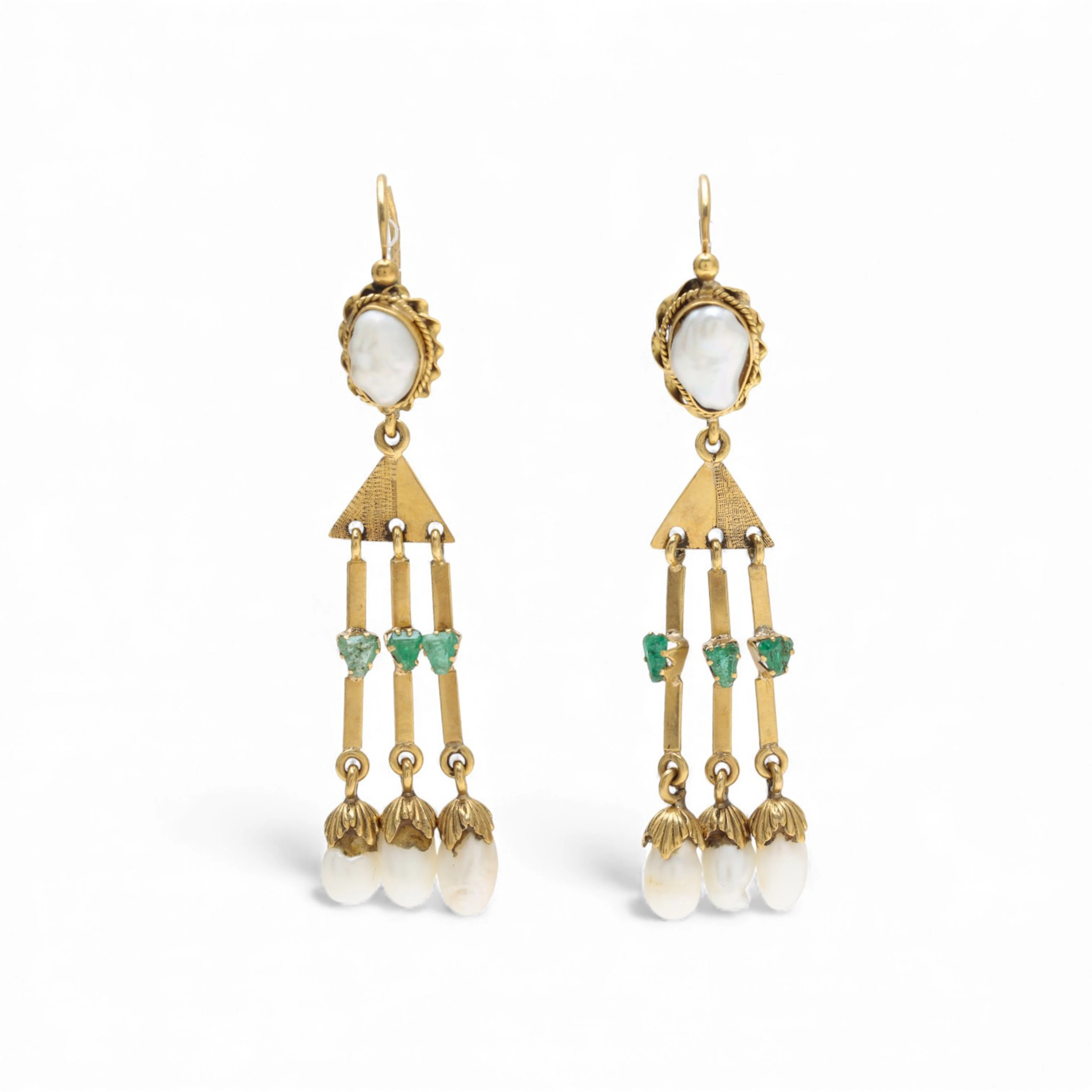 Historicist style gold and gemstones long earrings.