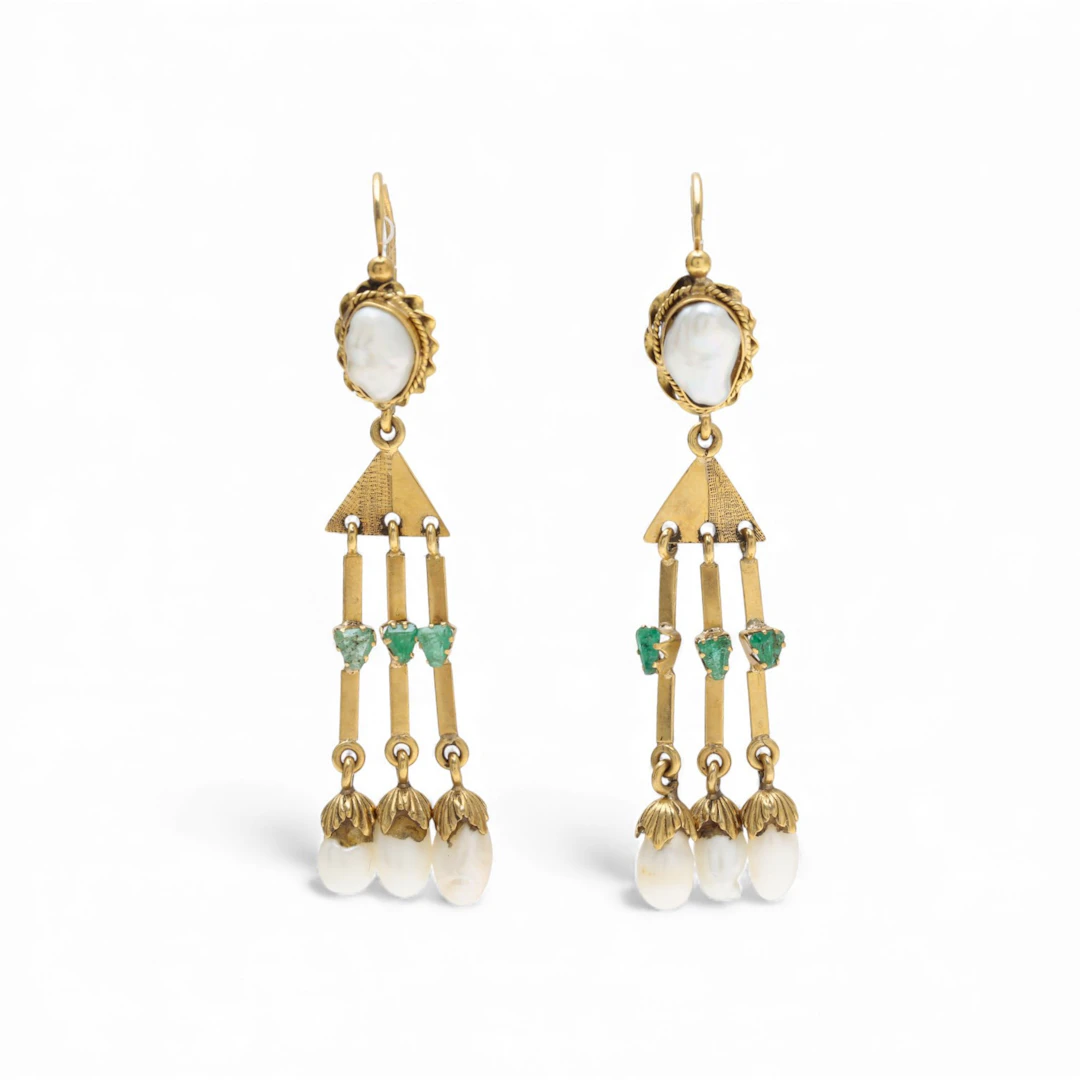 Historicist style gold and gemstones long earrings.