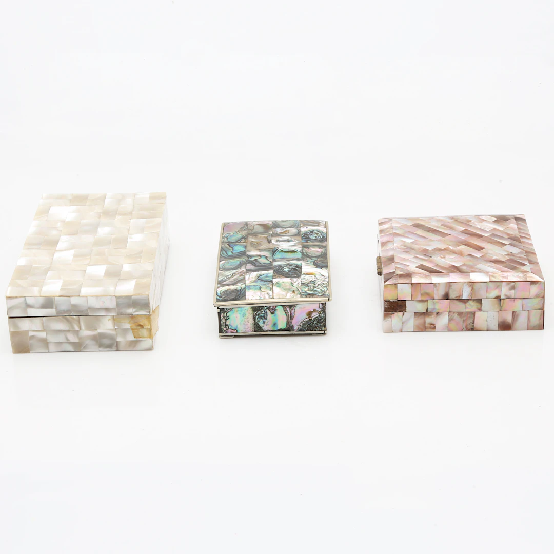 Three mother-of-pearl boxes, 20th Century.
