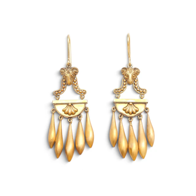 EDWIN WILLIAM STREETER. Etruscan revival drop earrings, circa 1870.