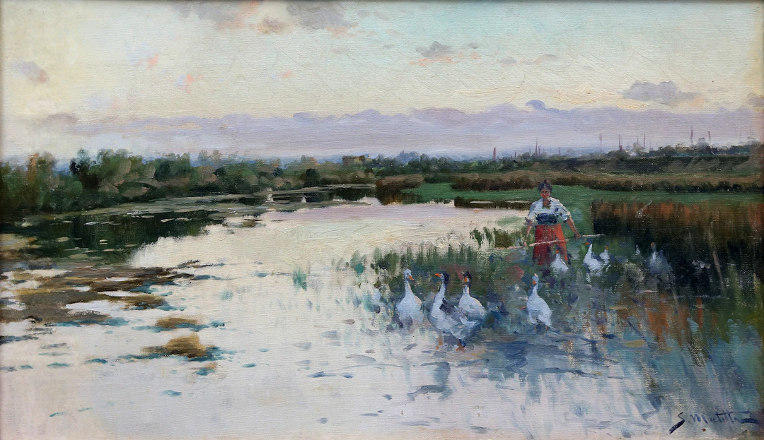 SEGUNDO MATILLA. River view with peasant woman.