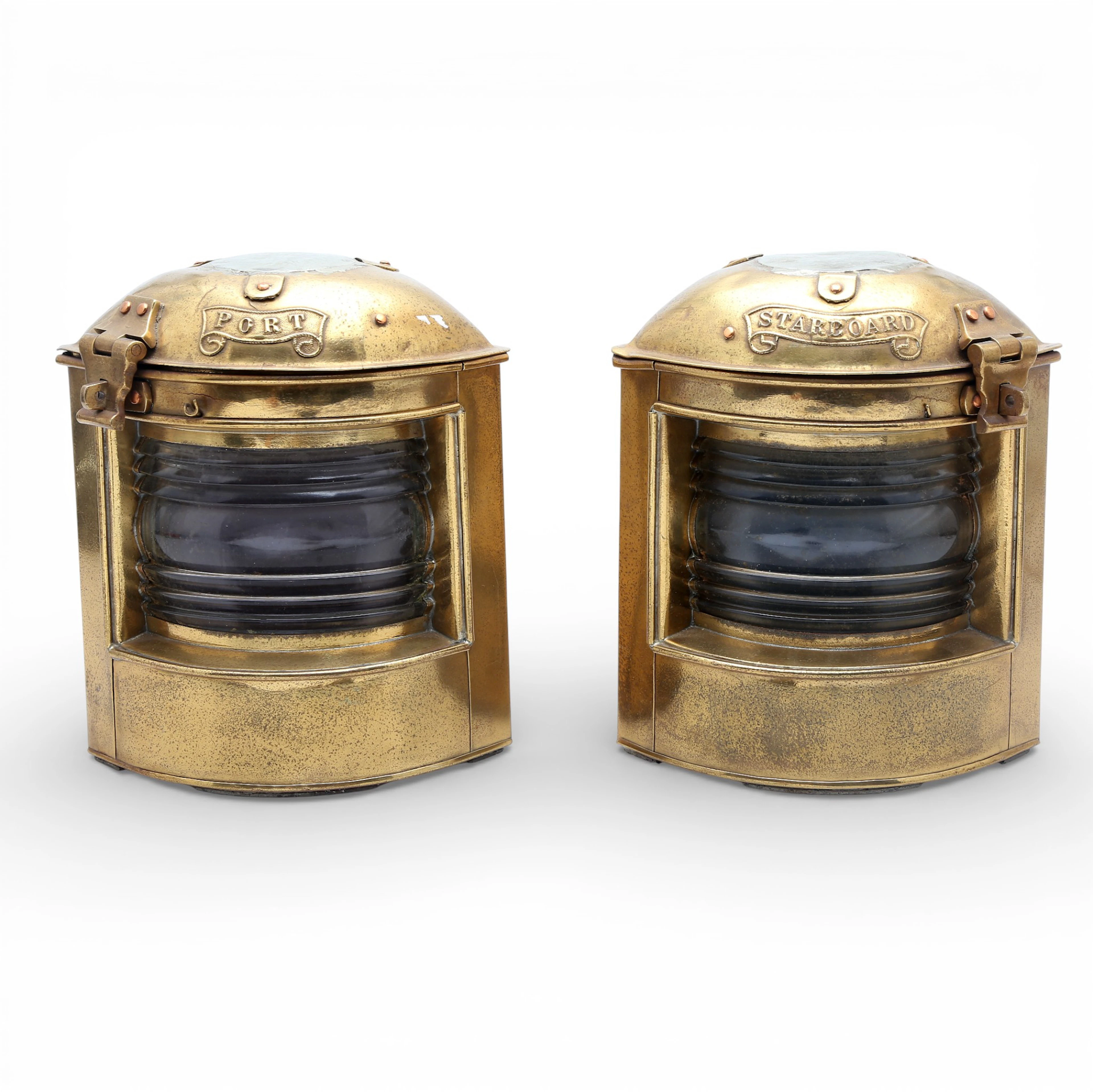 Pair of nautical corner lamps in brass and glass, first half of the