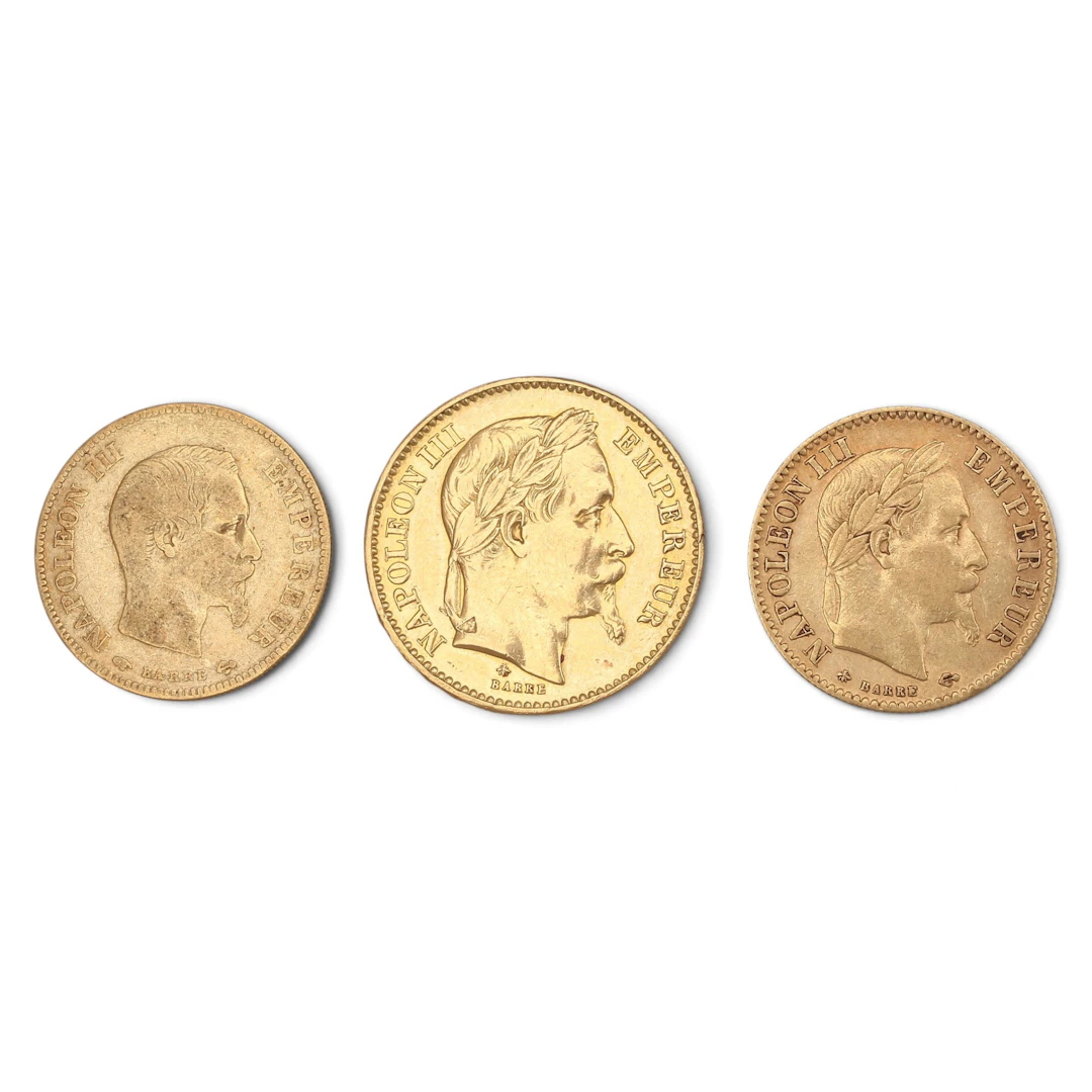 Tres monedas francesas en oro, de mediados del siglo XIX.