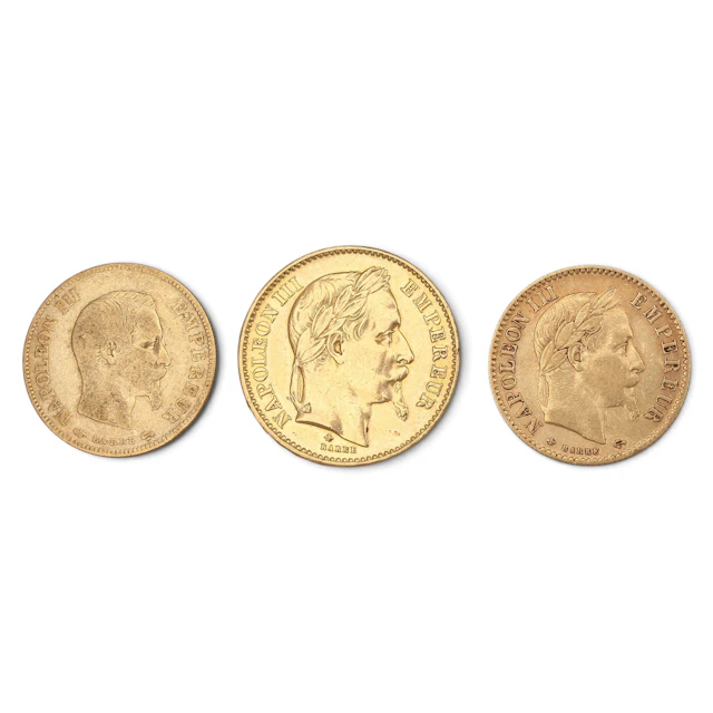 Tres monedas francesas en oro, de mediados del siglo XIX.