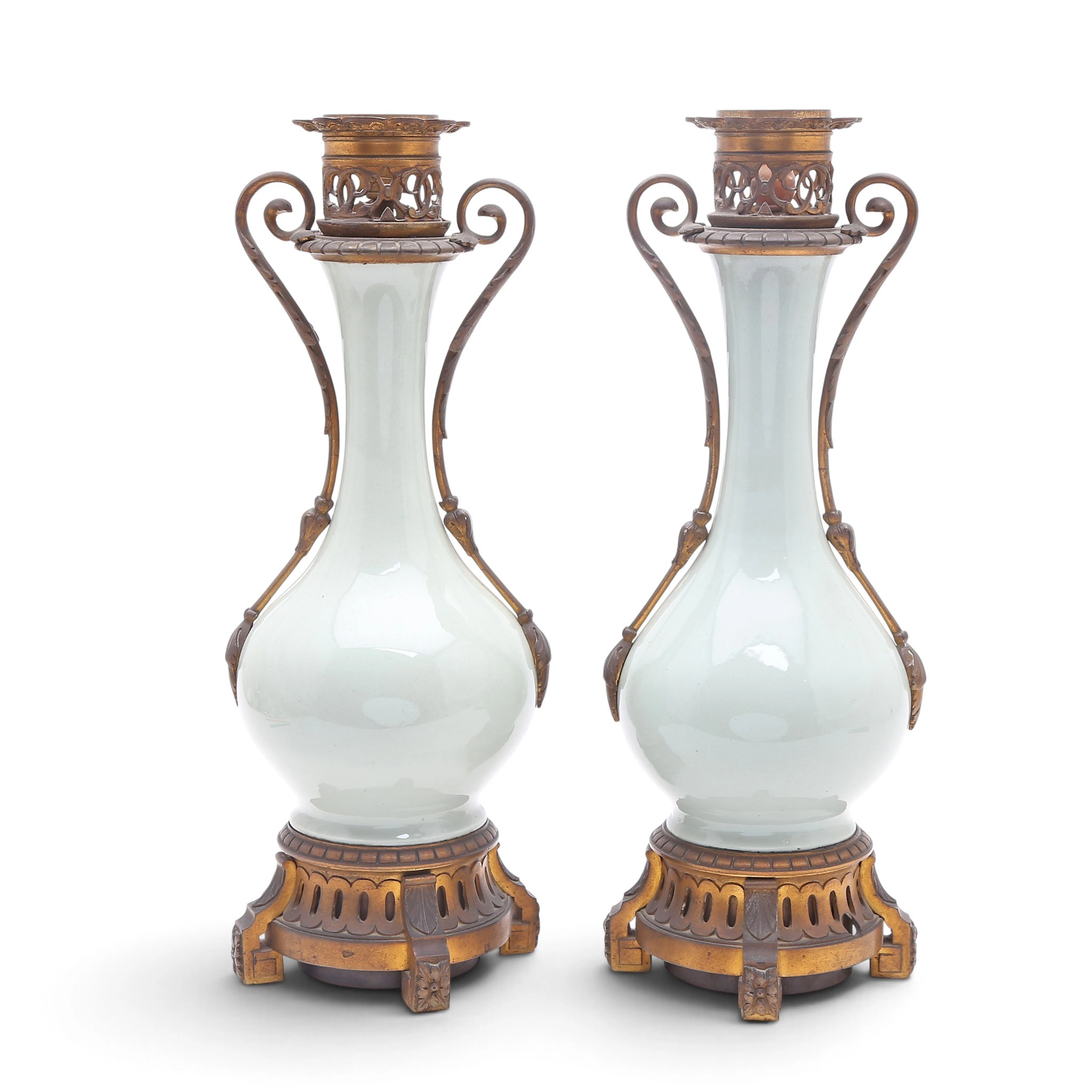 Pair of Napoleon III-style vases-oil lamps in celadon with bronze