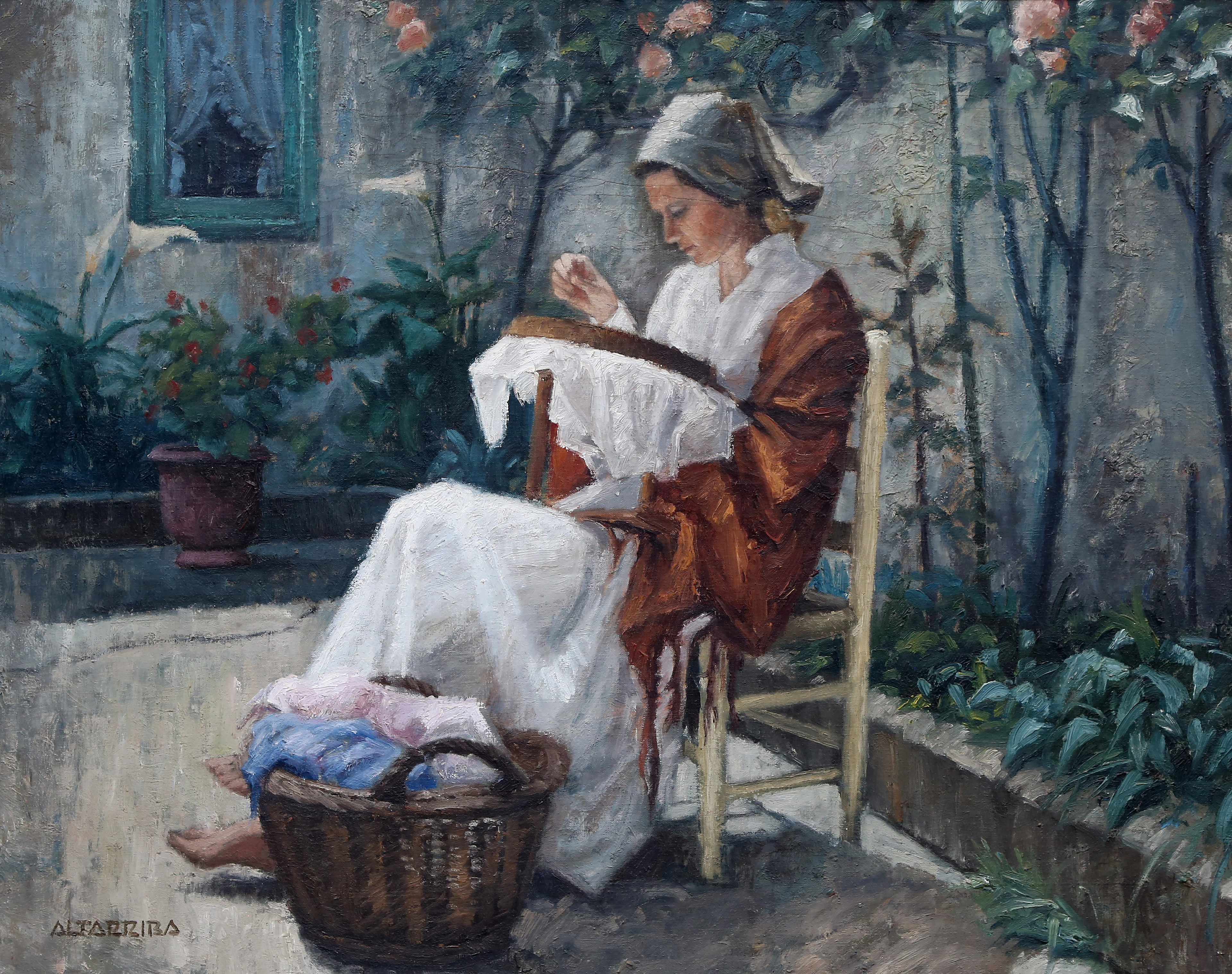 SALVADOR ALTARRIBA VILARASAU. Young woman embroidering.