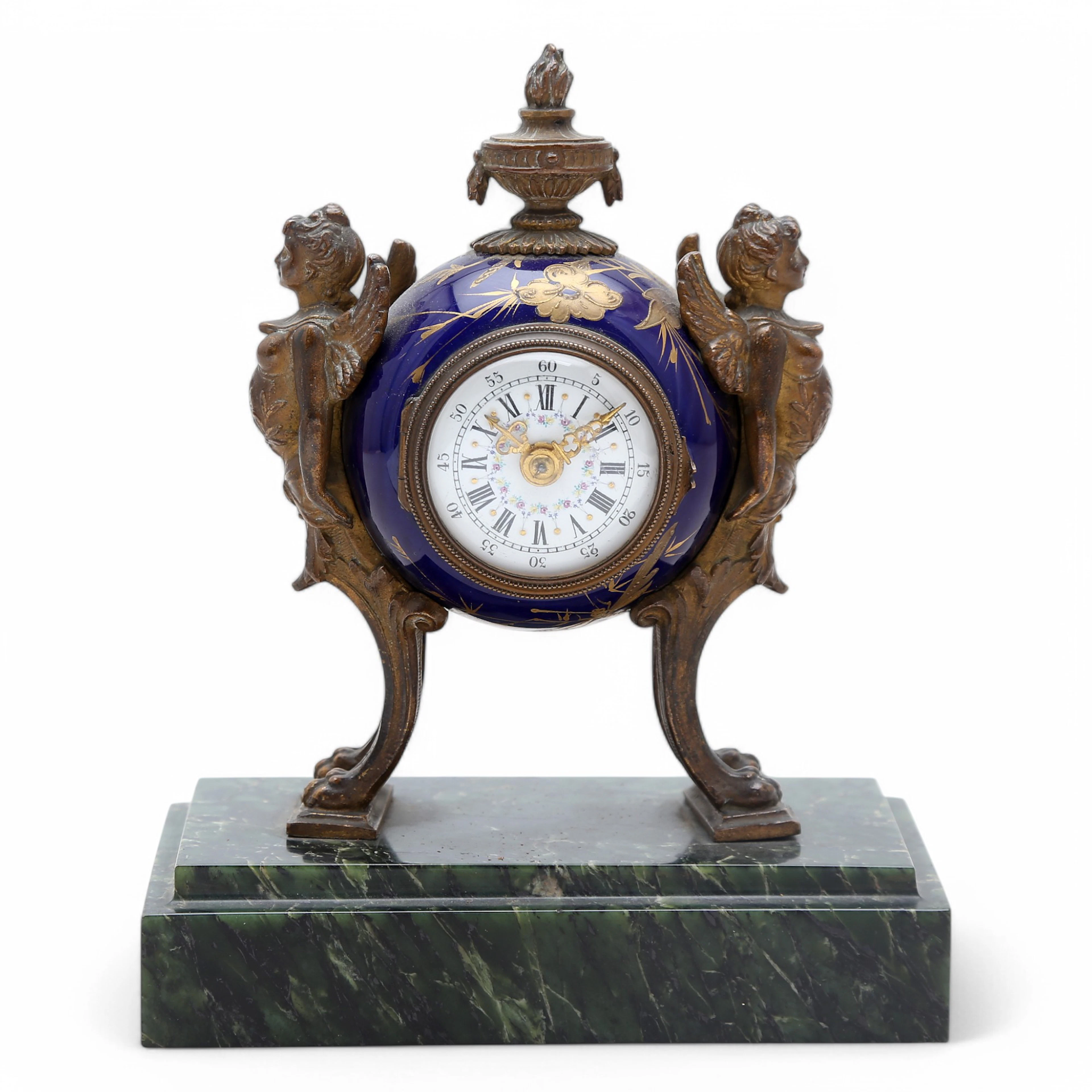 apoleon III style table clock in gilt bronze and “bleu du roi” earthenware