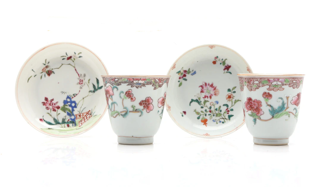 Pair of Chinese Qianlong "famille rose" porcelain cups and saucers