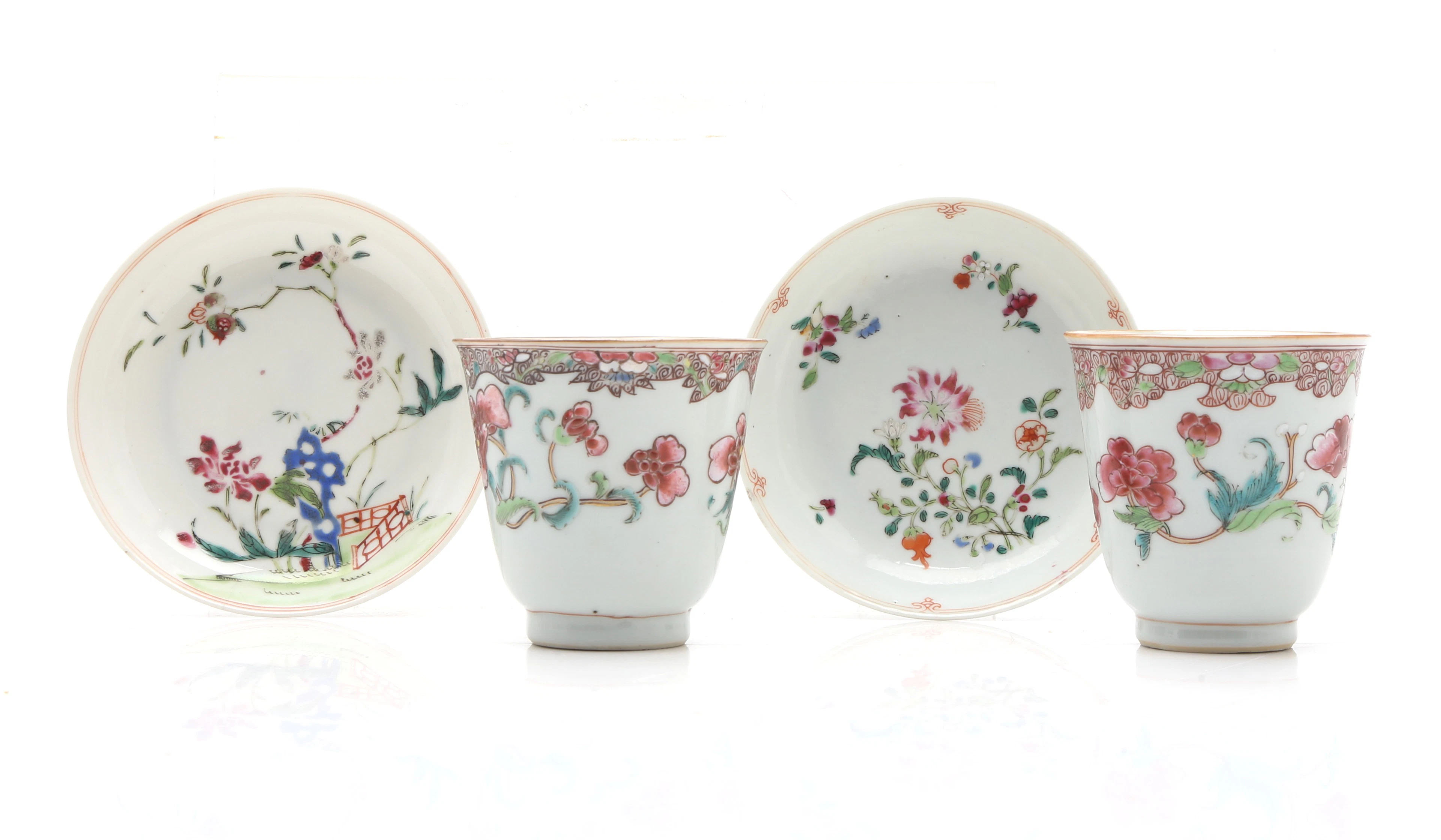 Pair of Chinese Qianlong "famille rose" porcelain cups and saucers