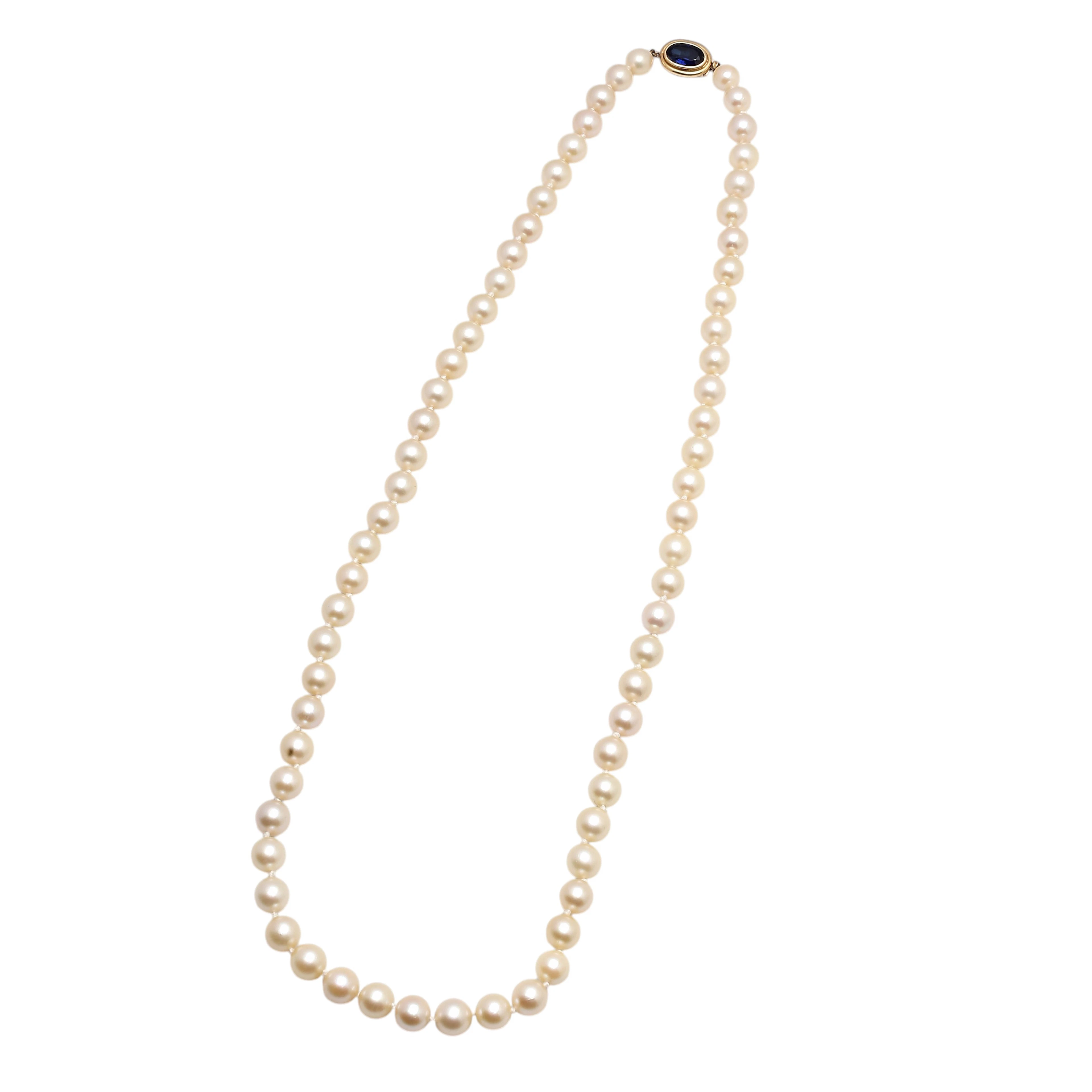 Pearls choker with sapphire clasp.
