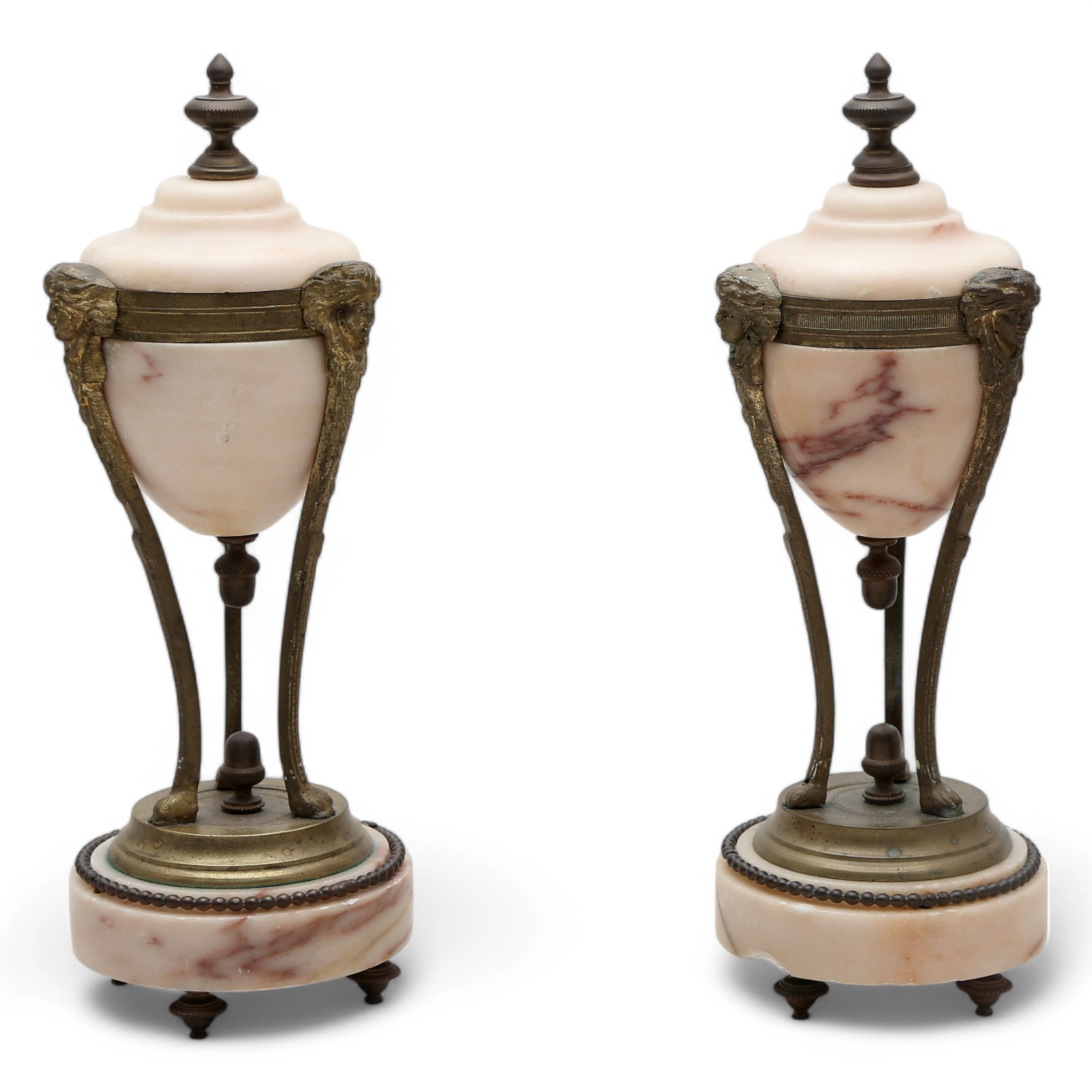 Pair of Louis XVI-style “cassolettes” in marble and bronze, from the