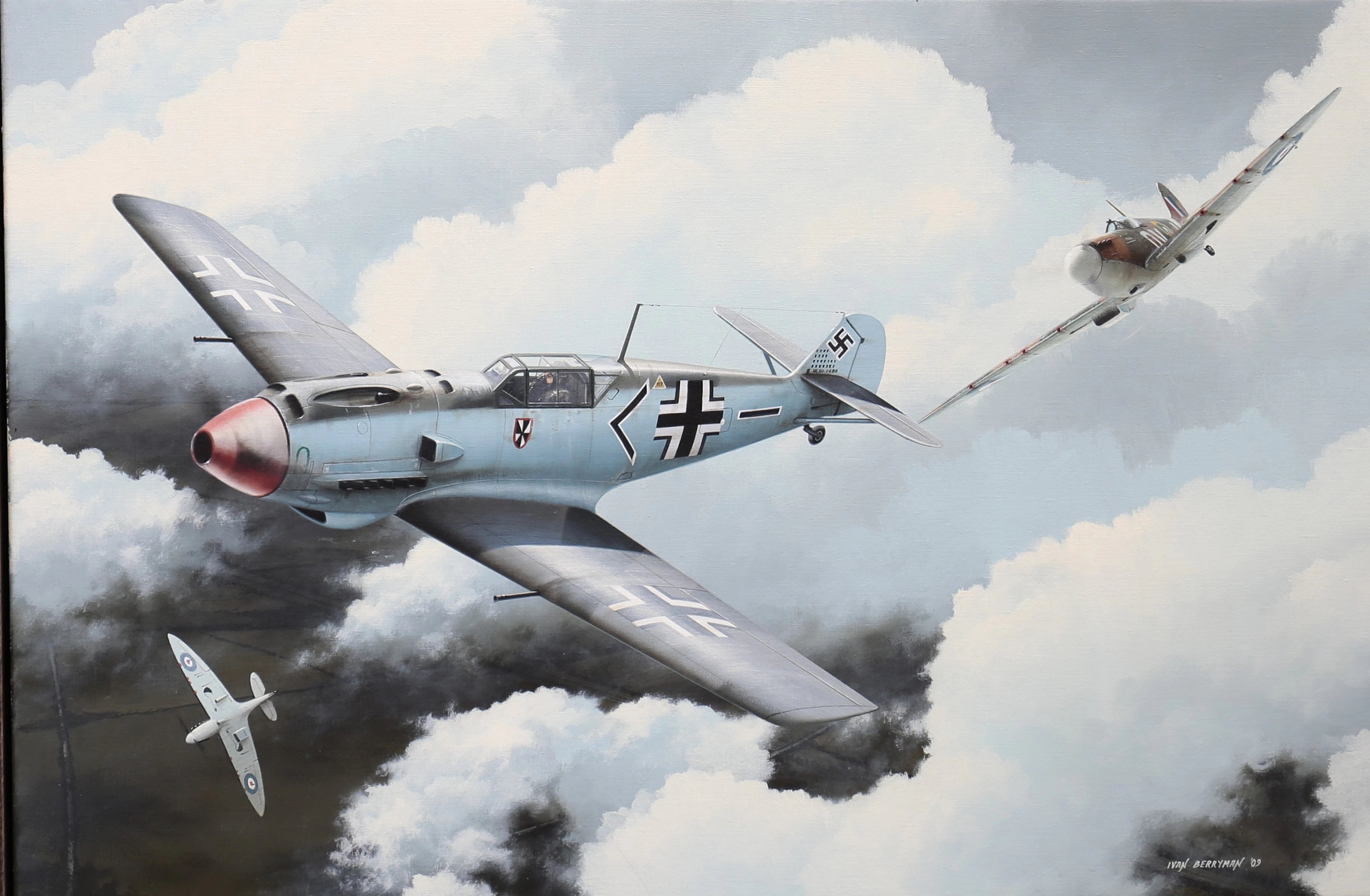 IVAN BERRYMAN. Spitfire and Messerschmitt Bf 109 fighter, World War II.