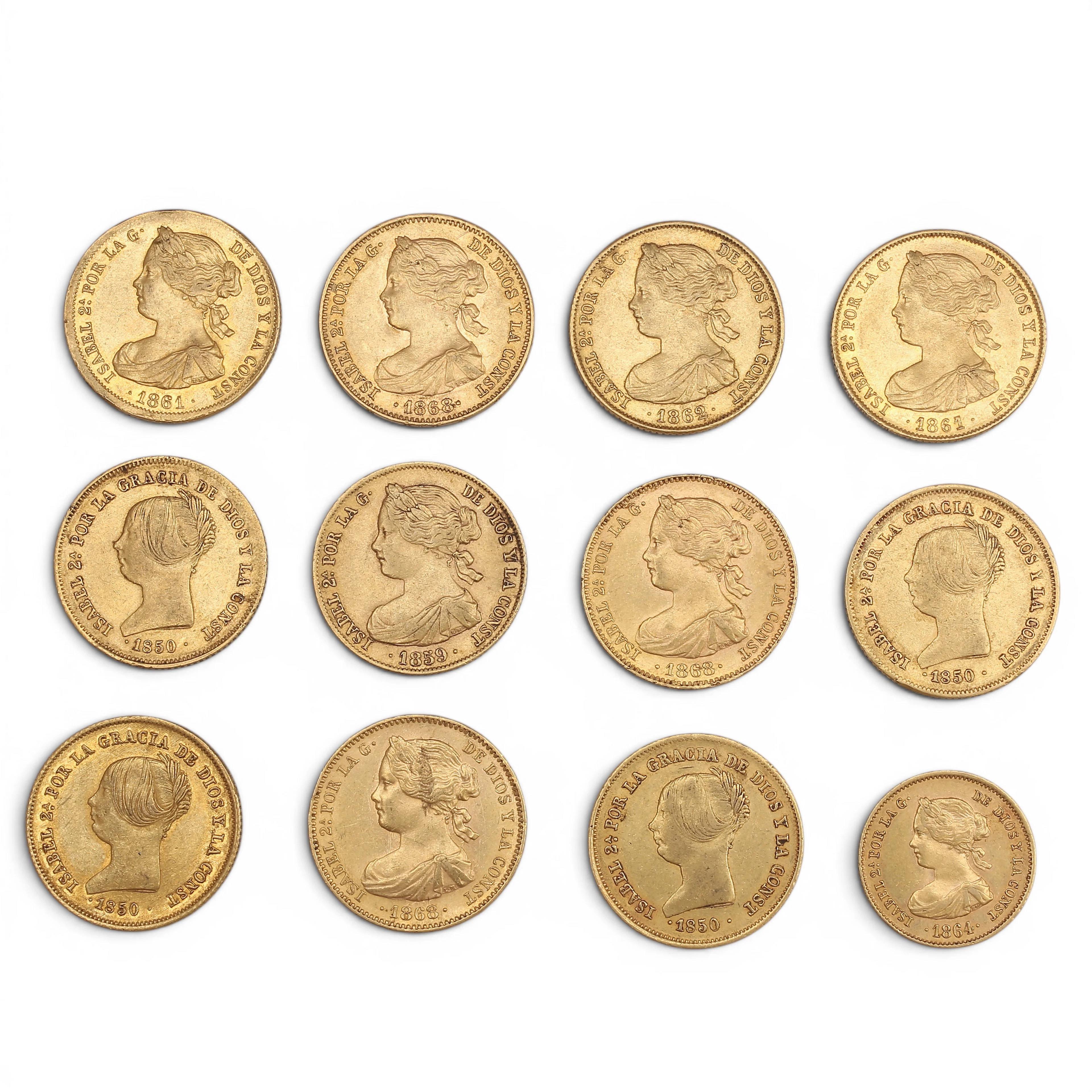 12 gold coins of Isabella II.