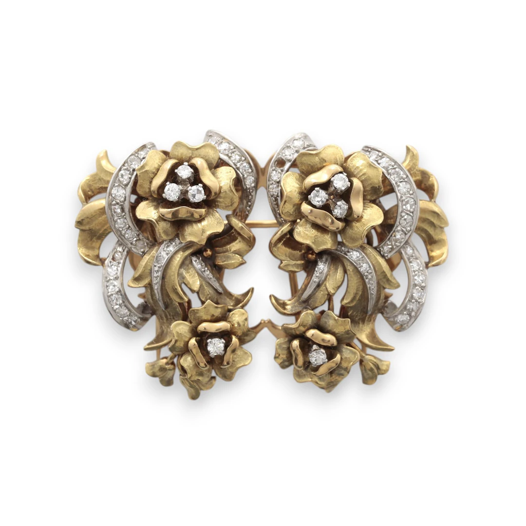 Double brooch - floral clip in gold and diamonds, mid-20th century.
