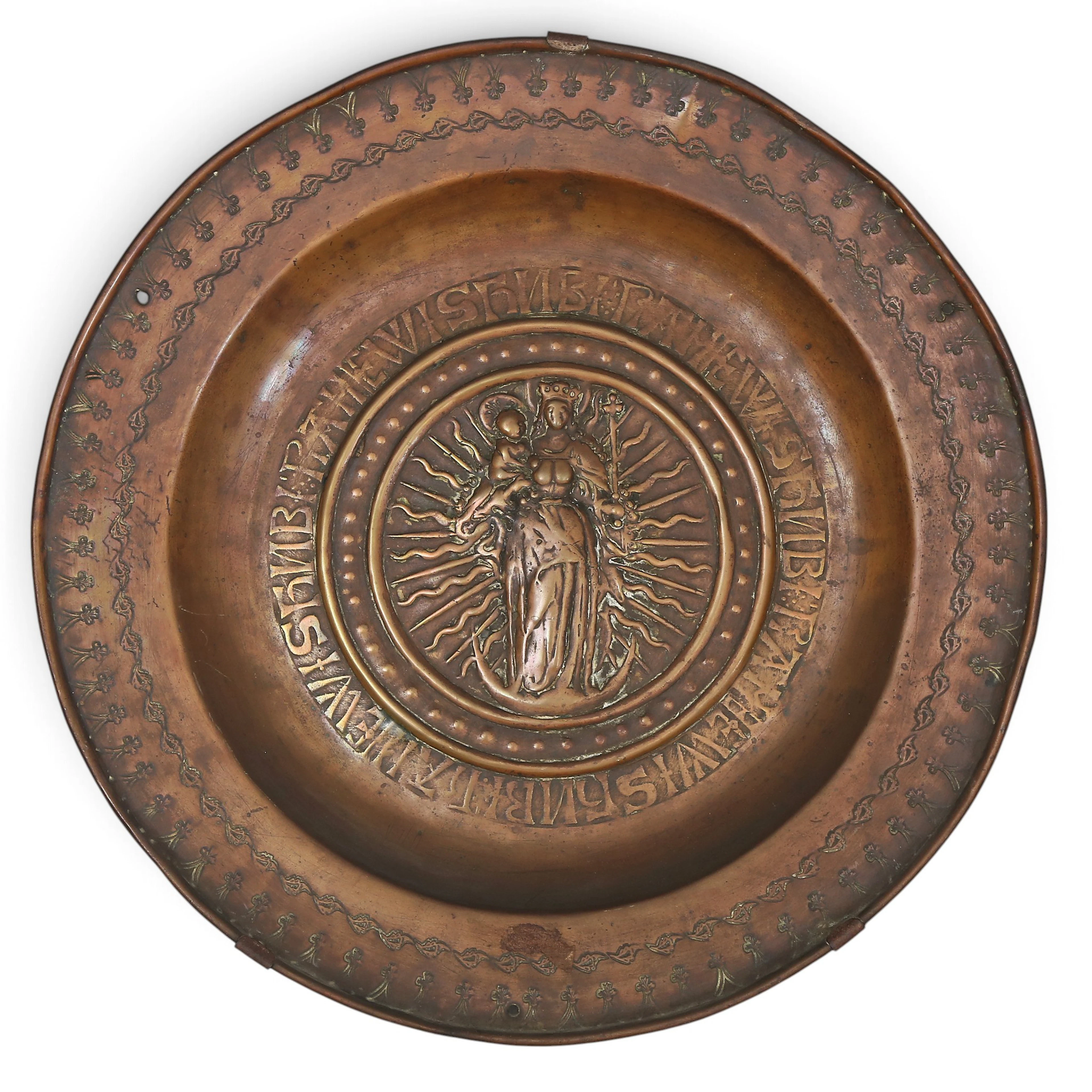 Dinard or Nuremberg charity dish in embossed brass, depicting Madona