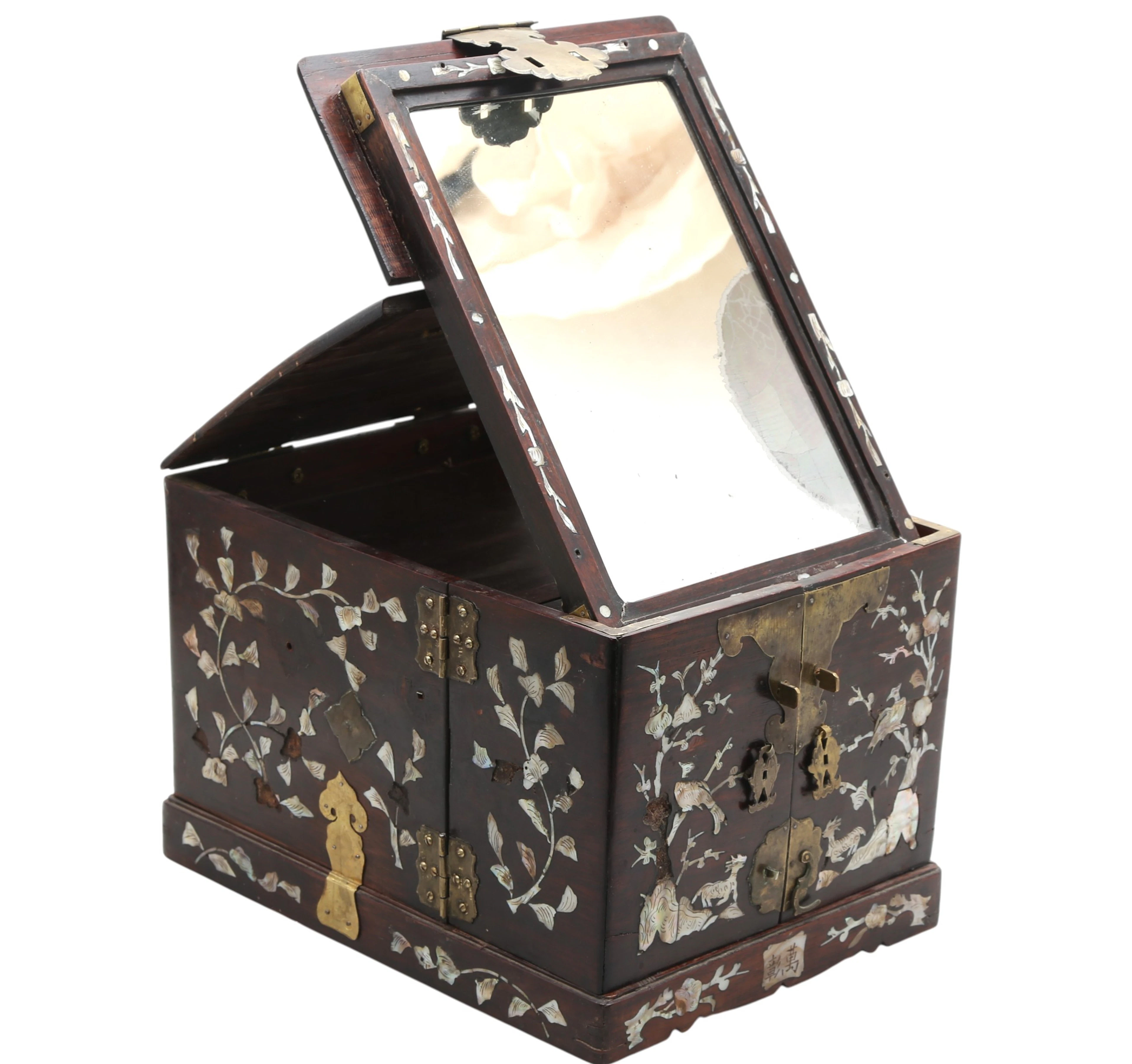 Chinese jewelry box in stained wood with mother-of-pearl marquetry