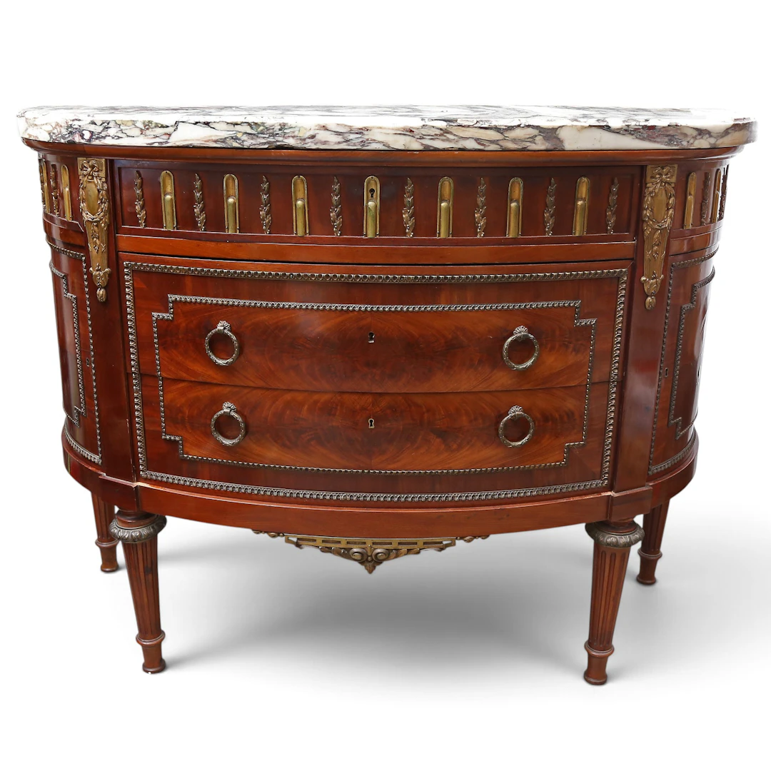 LOUIS XVI-style mahogany demi-lune commode with gilt bronze mounts
