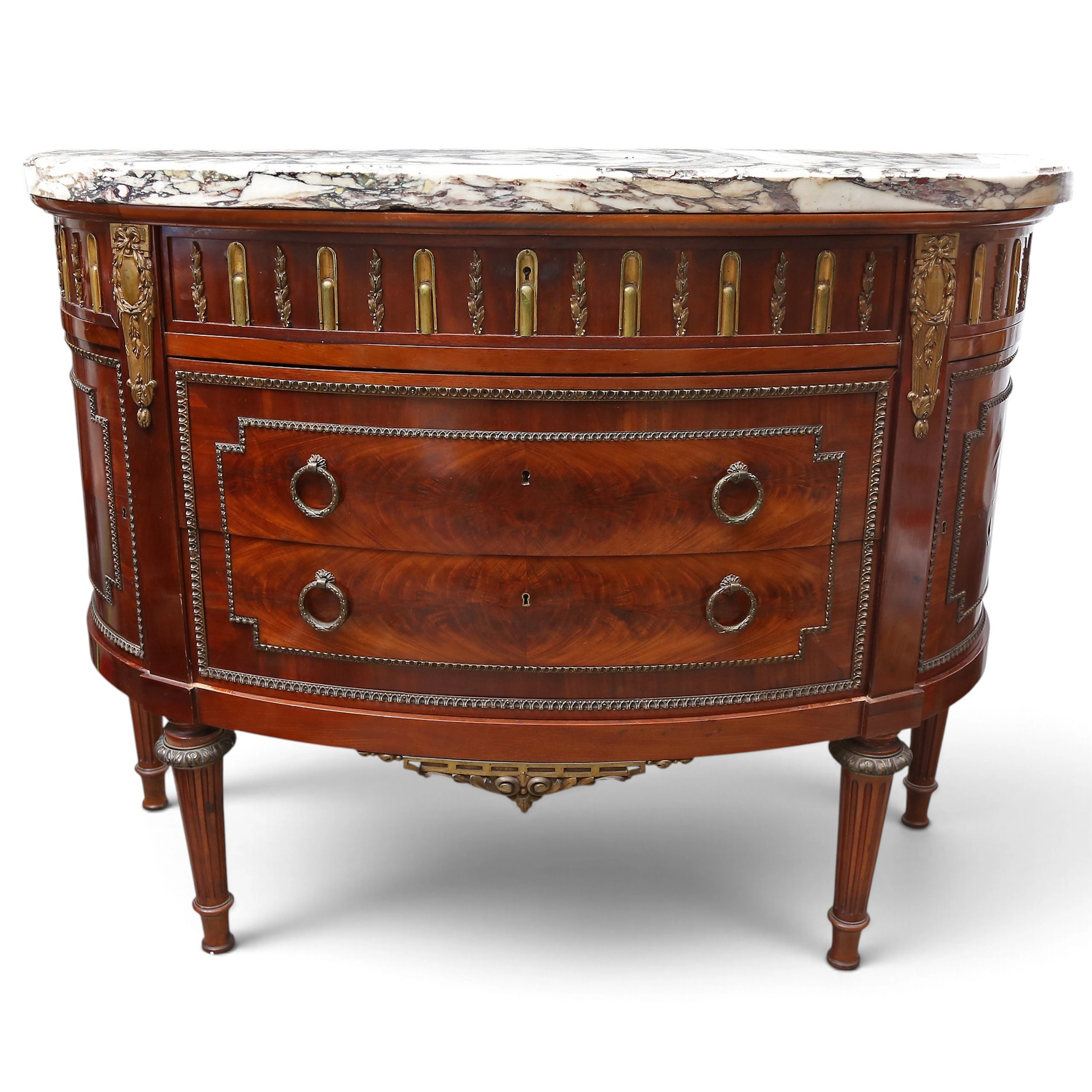 LOUIS XVI-style mahogany demi-lune commode with gilt bronze mounts