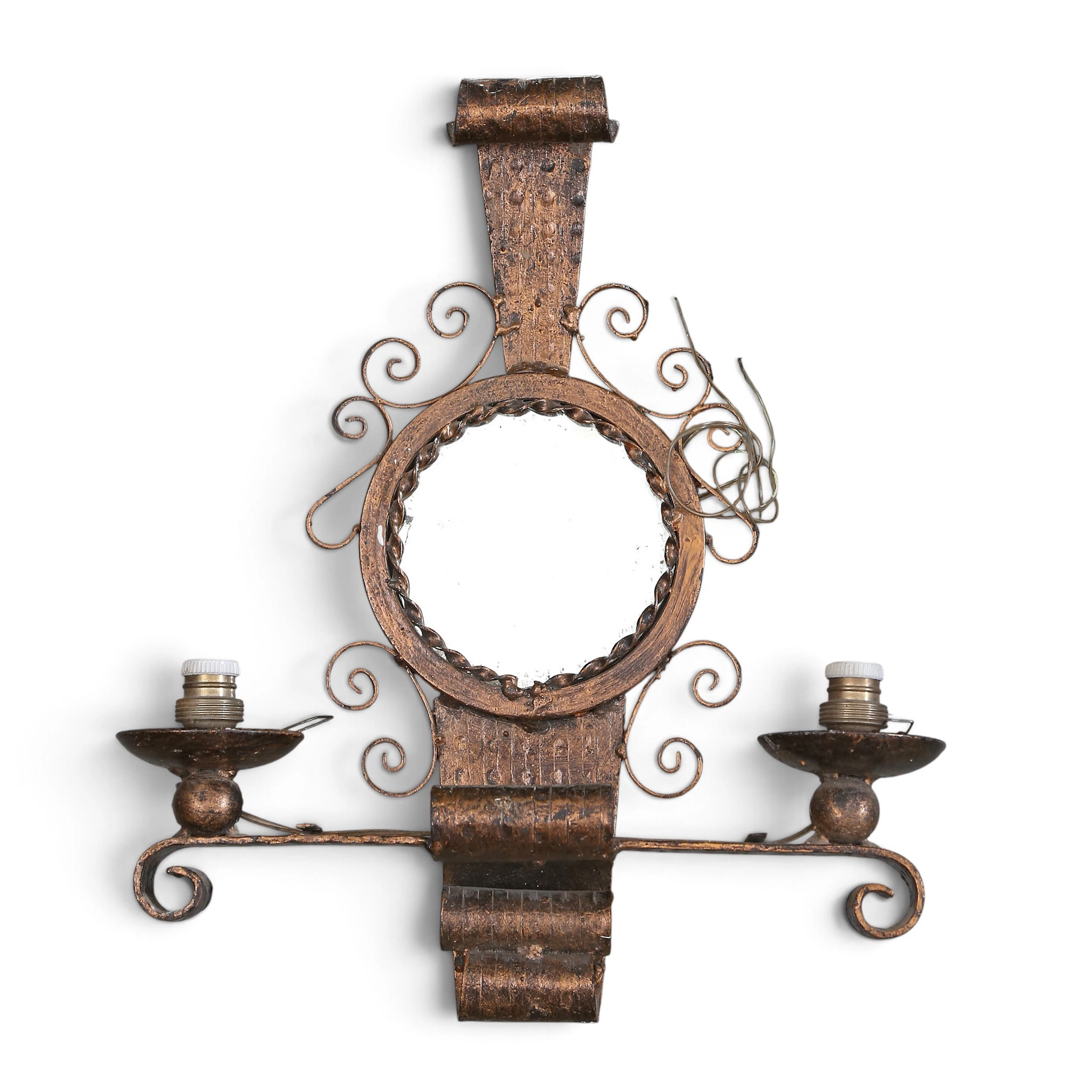 Wall lamp with mirror in gilt wrought iron, circa 1960.