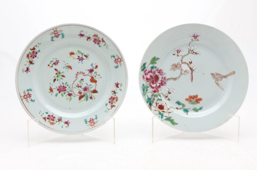 Two Chinese Qianlong dishes in "rose family" porcelain by Indian Company