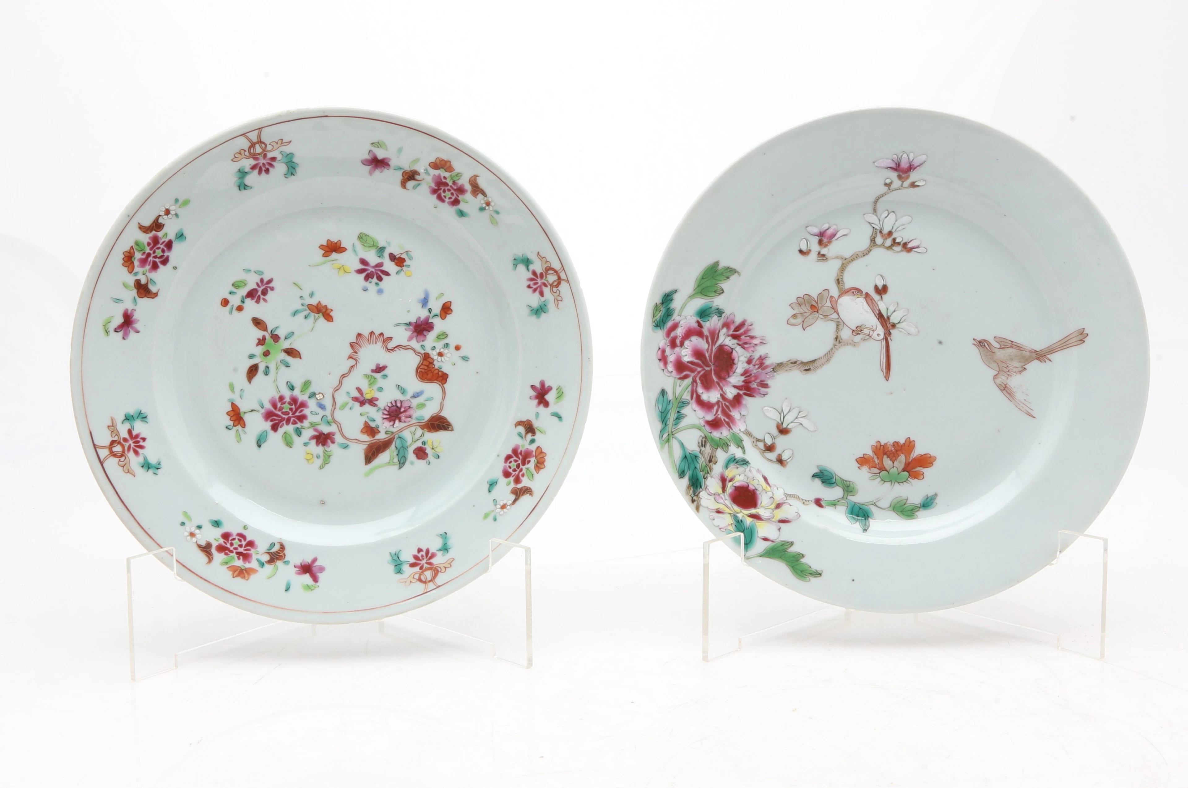 Two Chinese Qianlong dishes in "rose family" porcelain by Indian Company