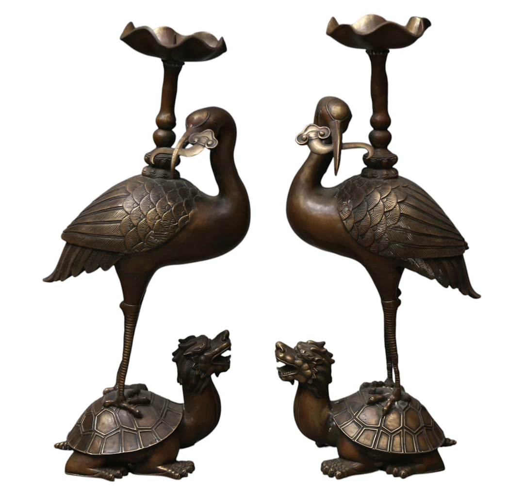 PAIR of Japanese Meiji bronze candlesticks or "shokudai", early 20th century.