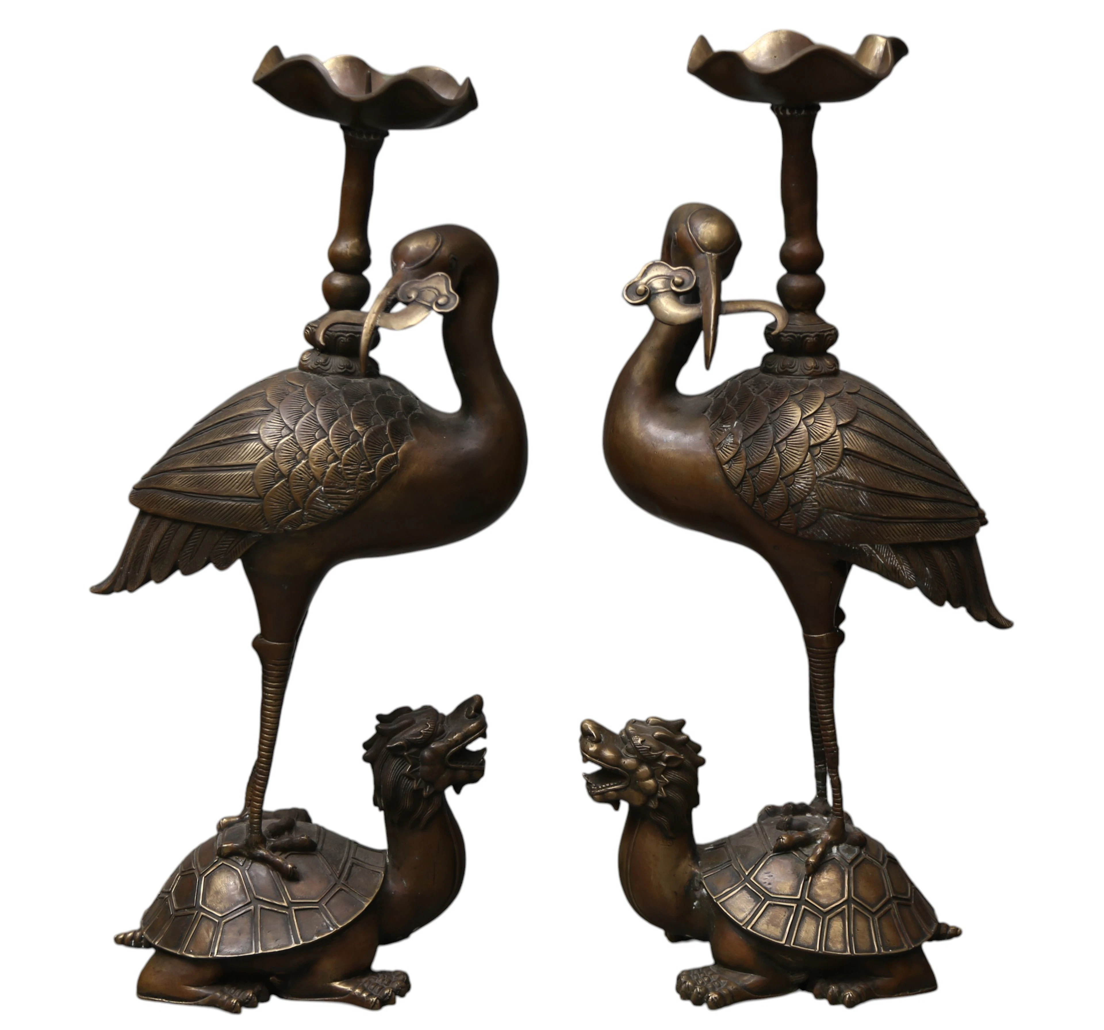 PAIR of Japanese Meiji bronze candlesticks or "shokudai", early 20th century.