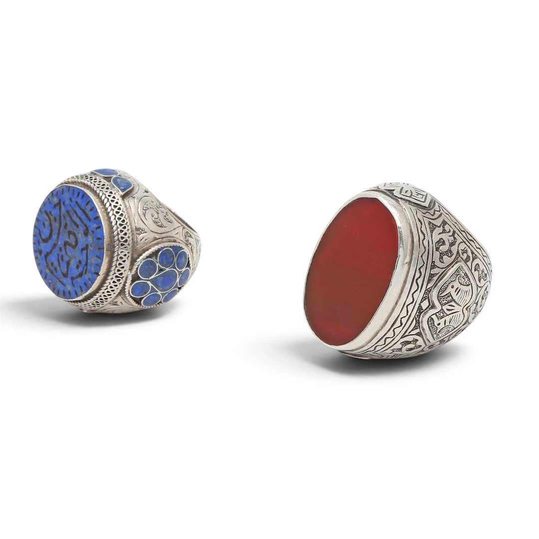 Two large Turkish rings in silver, enamel, sodalite and carnelian.