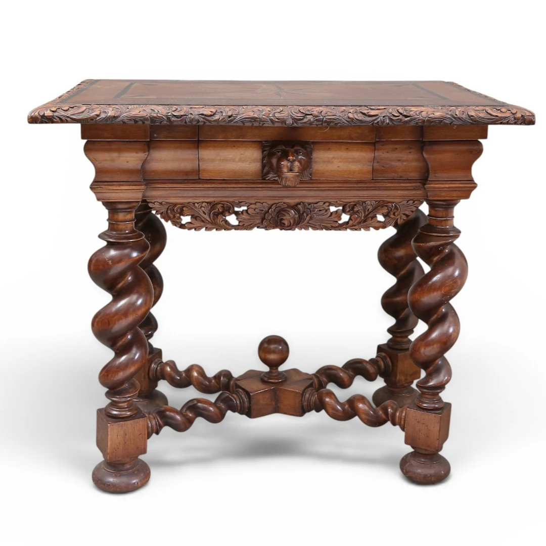 GDAŃSK Baroque-style side table in oak and marquetry.