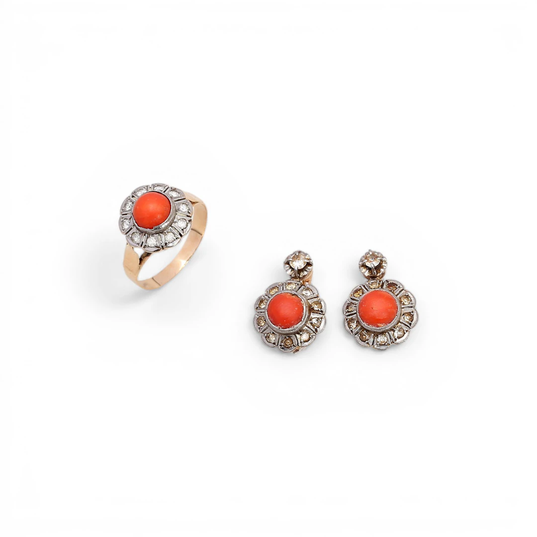 Earrings and ring set in gold and gemstones.