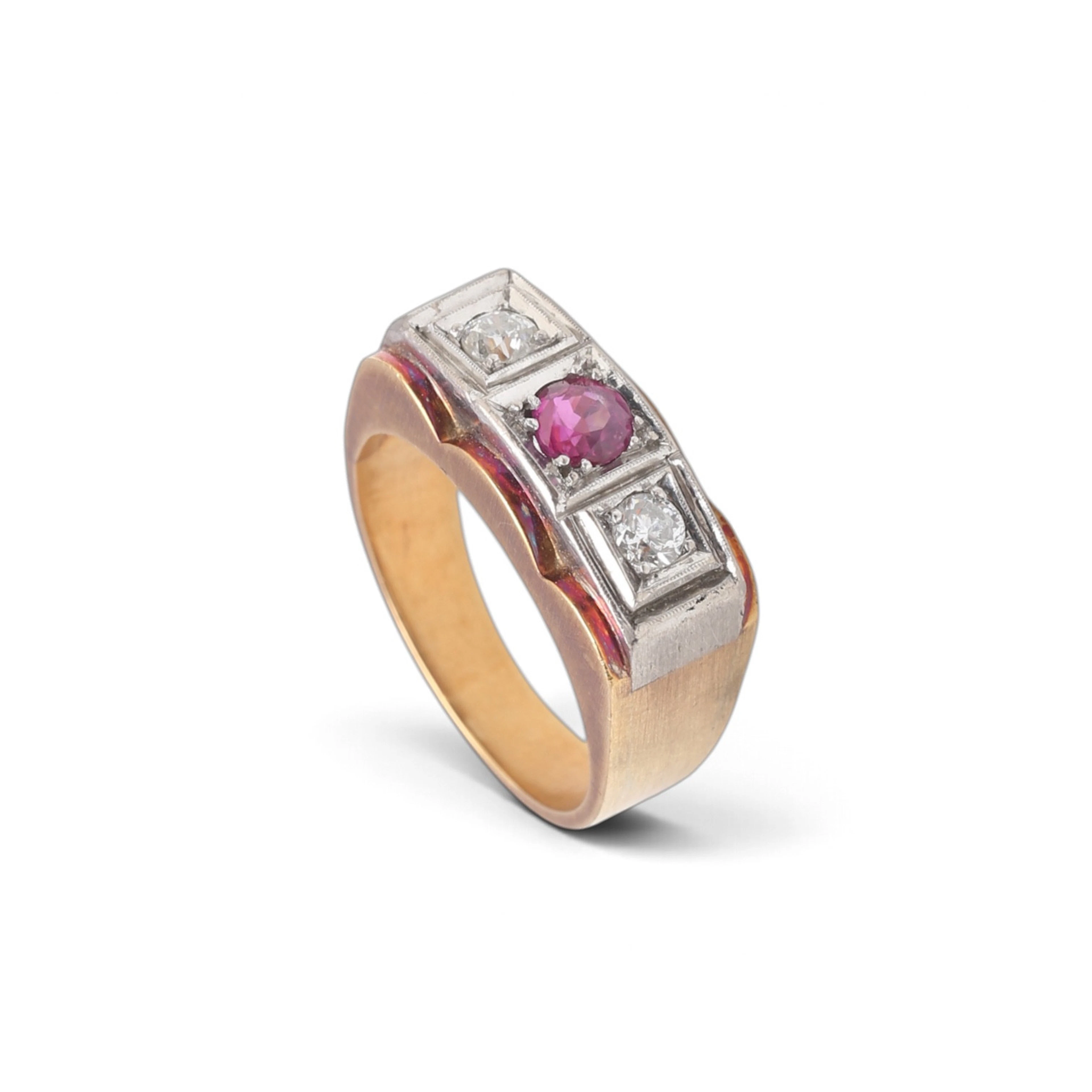 ART Déco three-stone ruby and diamond ring, circa 1940.