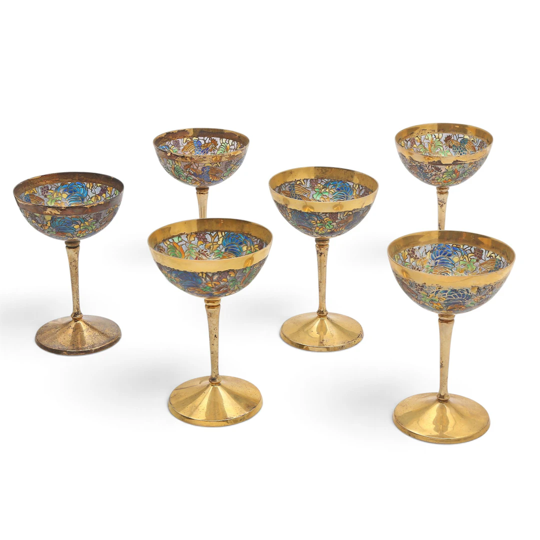 Set of six "vermeil" silver and "plique-a-jour" enamel cups by Masriera