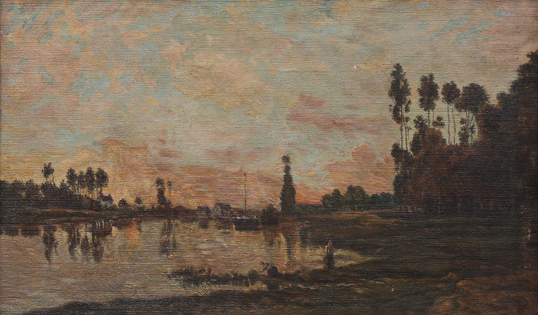 CHARLES FRANÇOIS DAUBIGNY. ATRIBUIDO. Lakeside landscape.