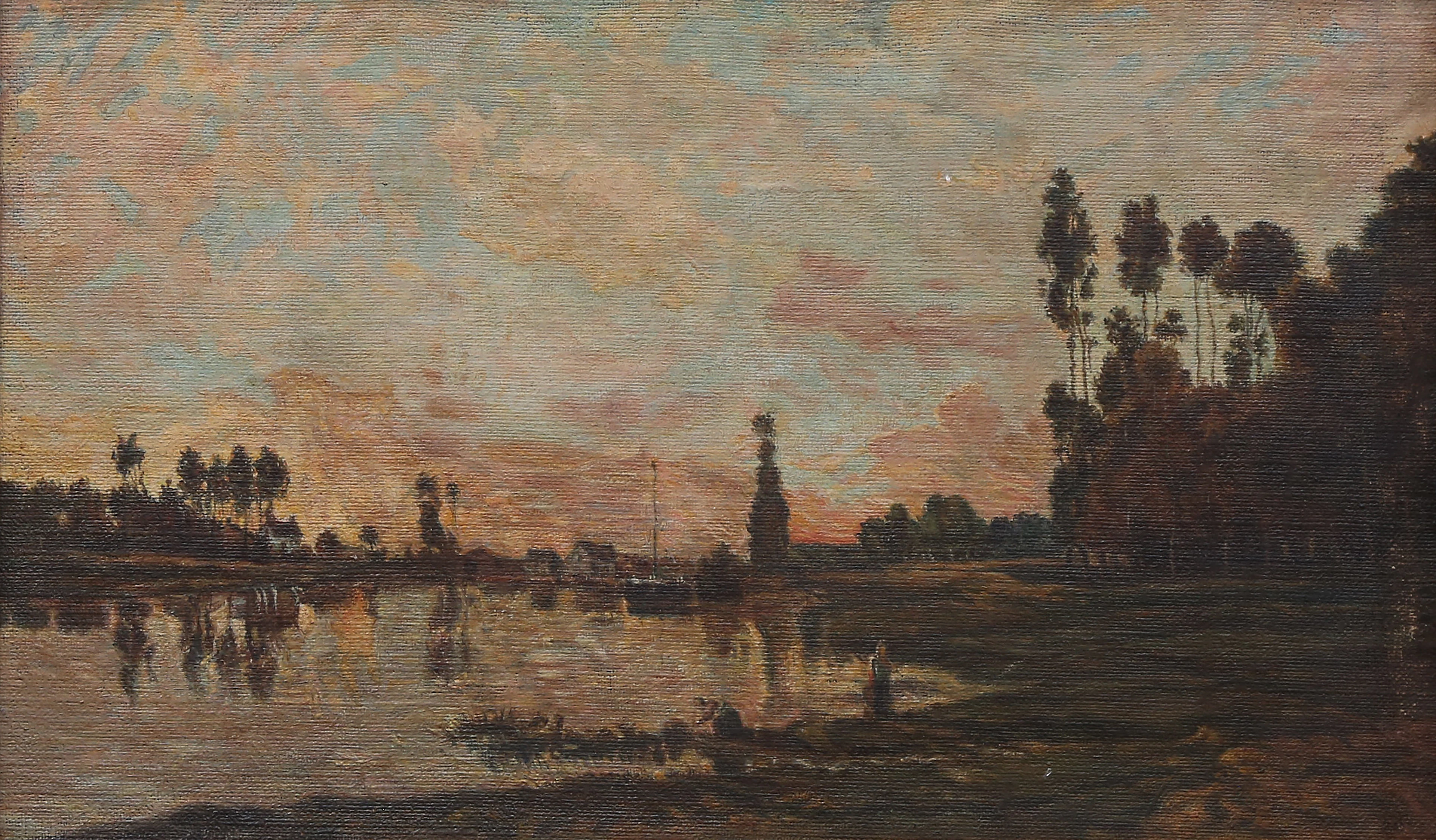 CHARLES FRANÇOIS DAUBIGNY. ATRIBUIDO. Lakeside landscape.