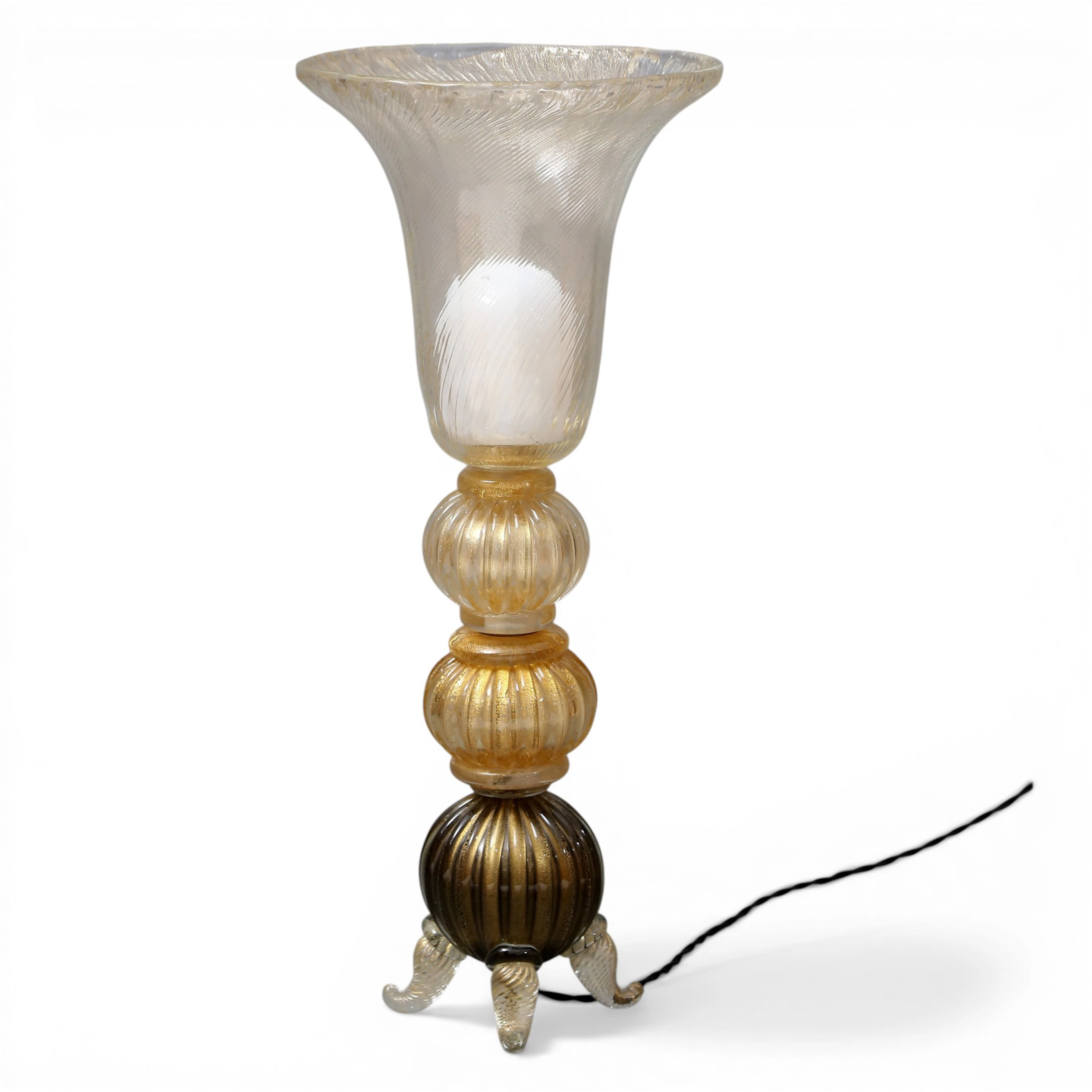 Table lamp in Murano blown glass with gold leaf inclusions, 20th Century.