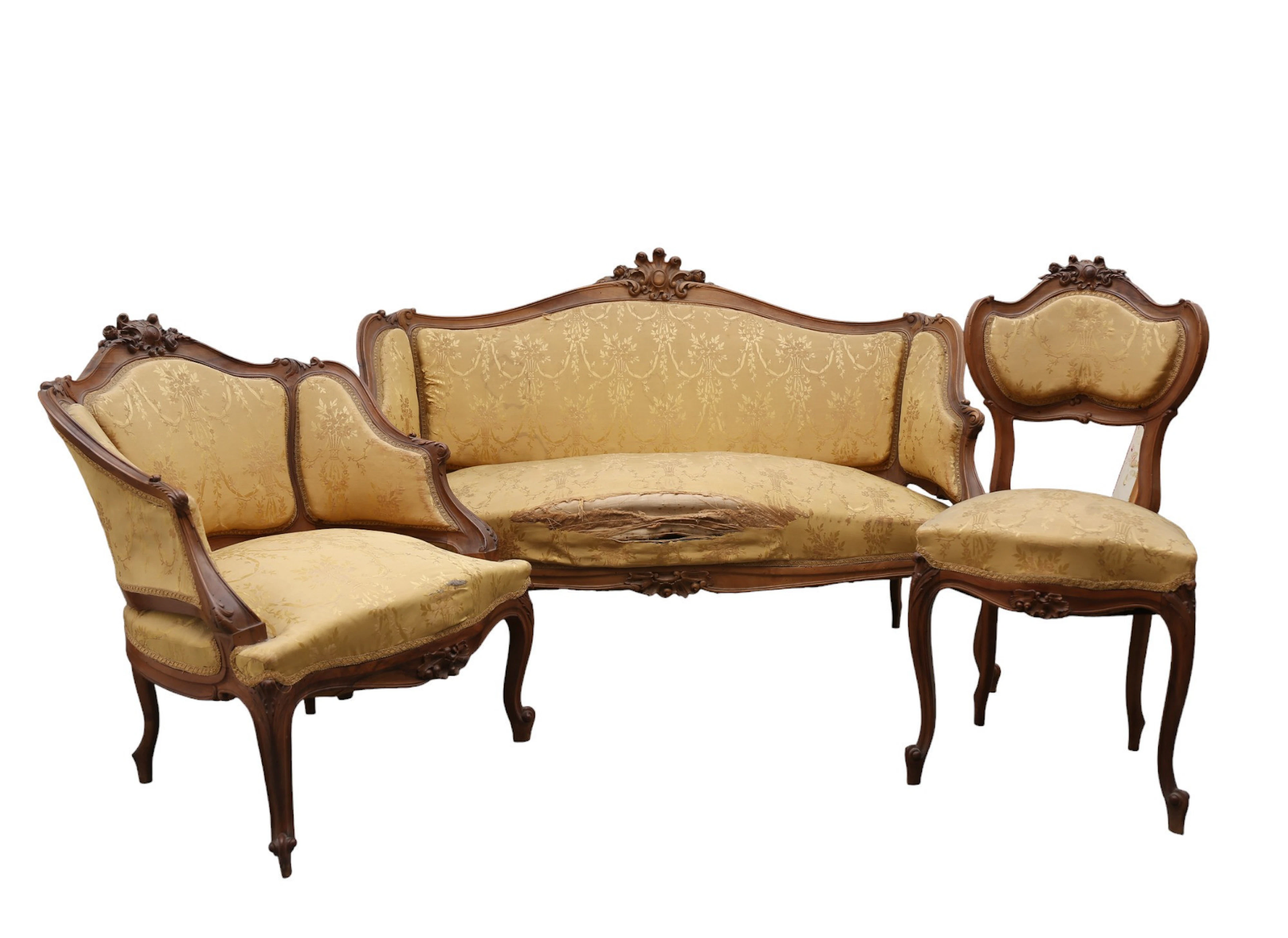 Sofa, air of “bergère” armchairs, and chair in Rococo style, Modernisme