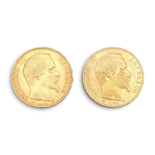 Dos monedas francesas en oro, de mediados del siglo XIX.