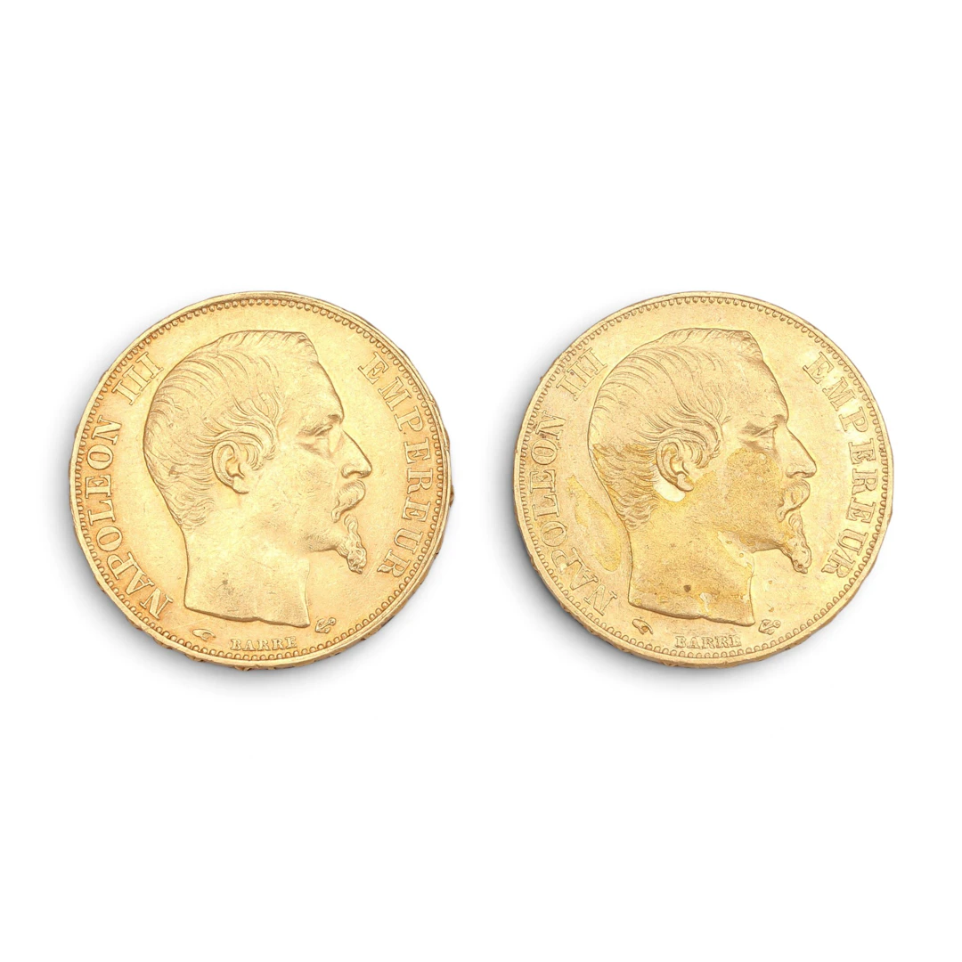 Dos monedas francesas en oro, de mediados del siglo XIX.