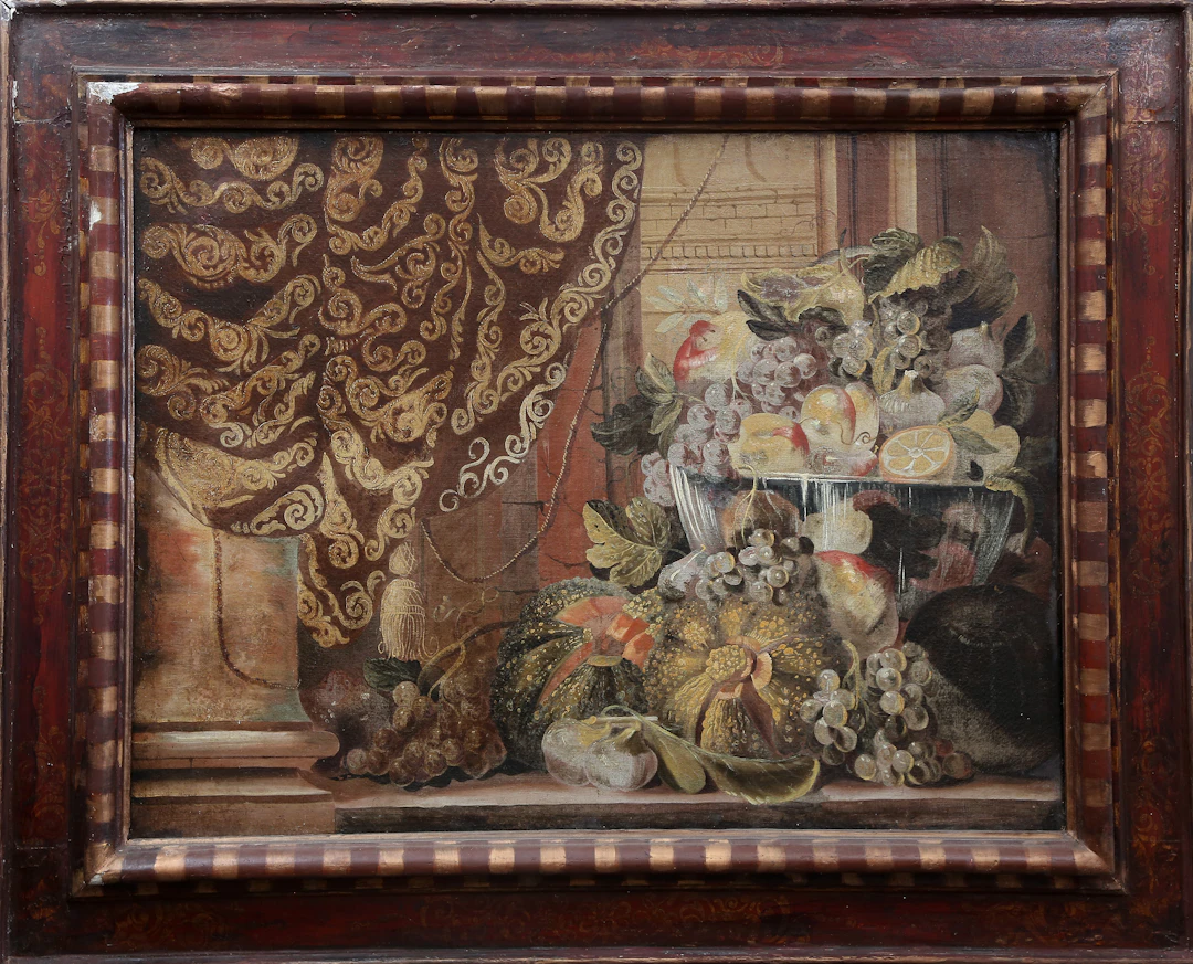 GIOVANNI BATISTA MANERIUS. SU CÍRCULO. Still life with fruit and drapery.