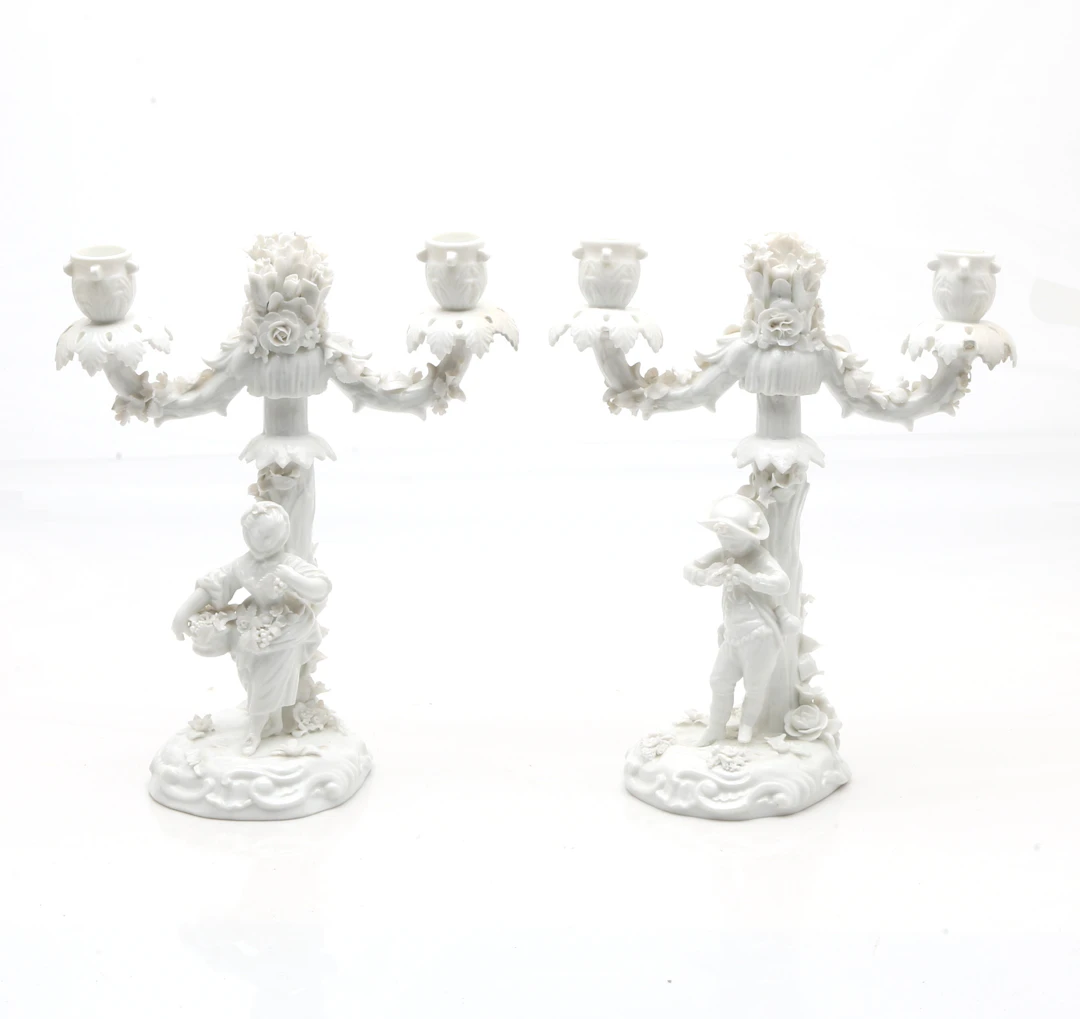 Pair of 18th Century-like glazed porcelain candelabra from Saxony