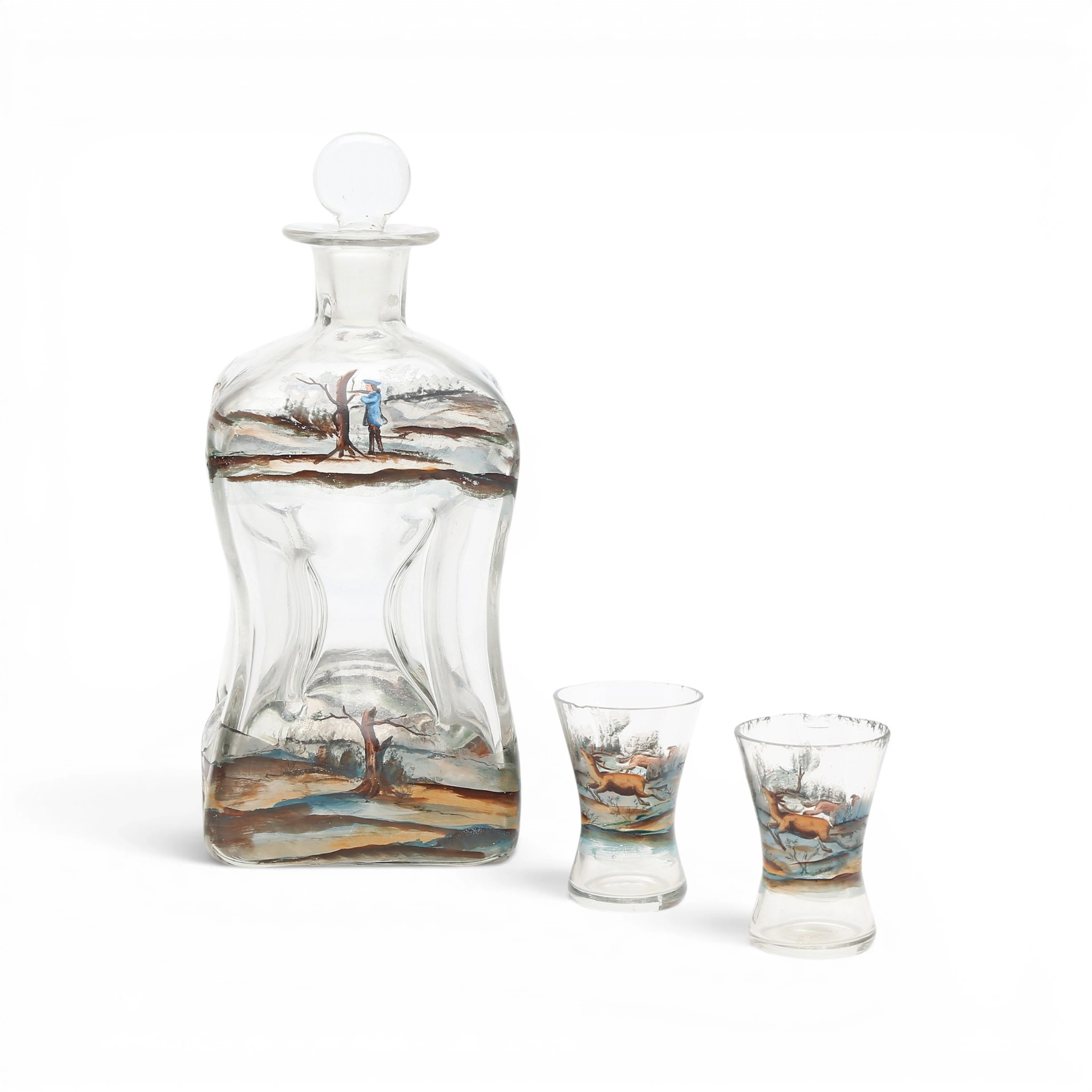 Set of decanter and pair of small glasses in enamelled Bohemia glass