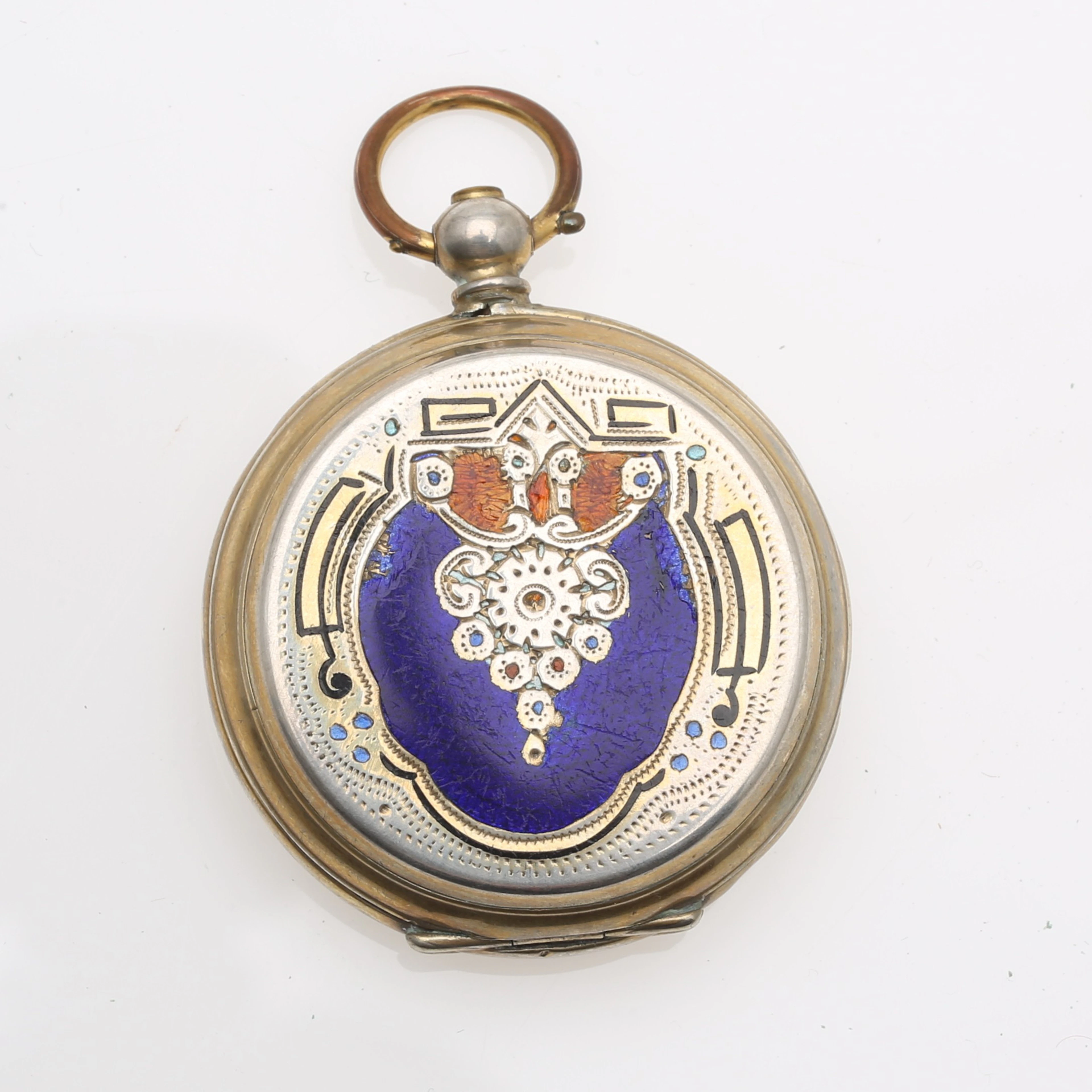 Pocket watch case in silvery metal and enamel, mid 19th Century.