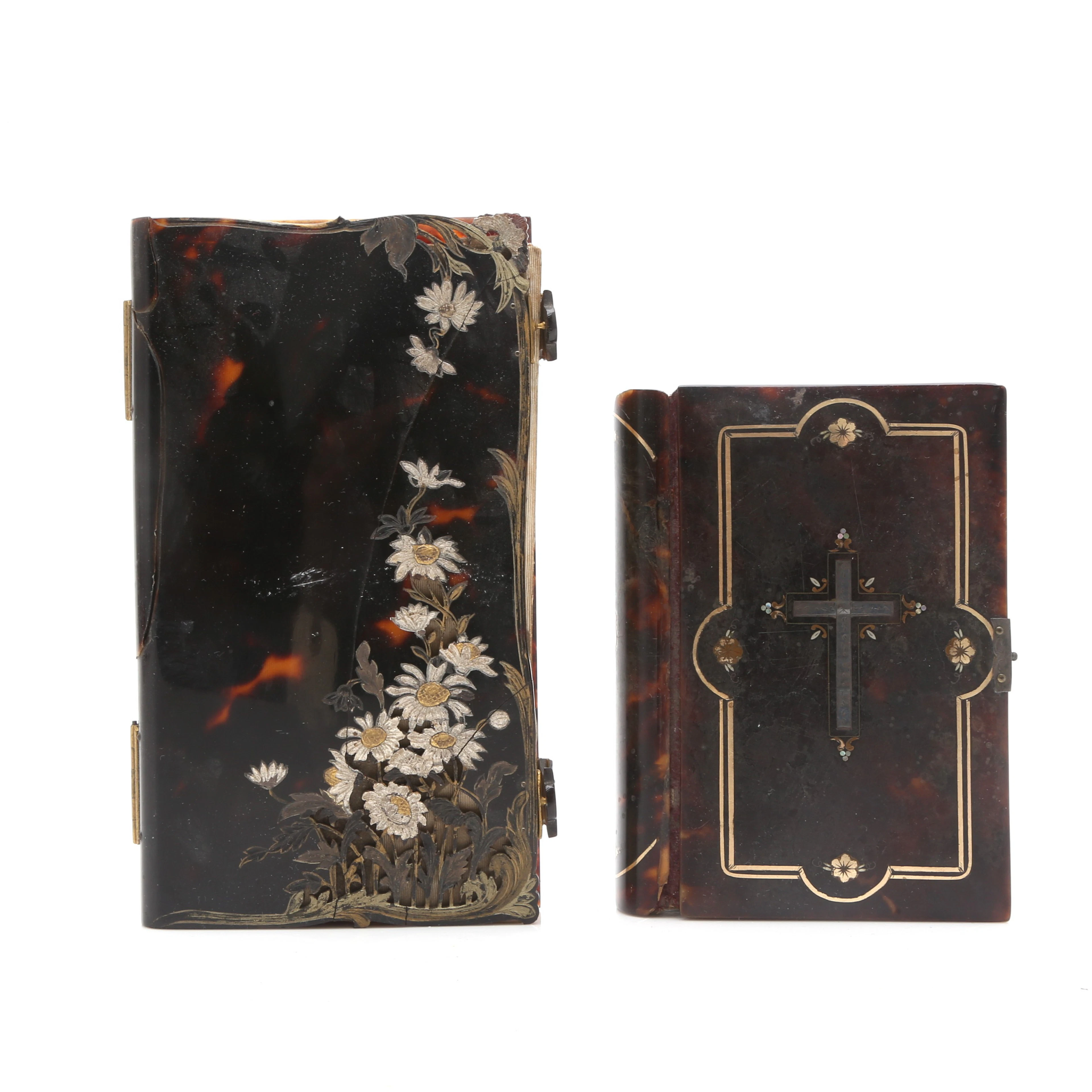 Two prayer books with tortoiseshell bindings, with metal and mother-of-pearl