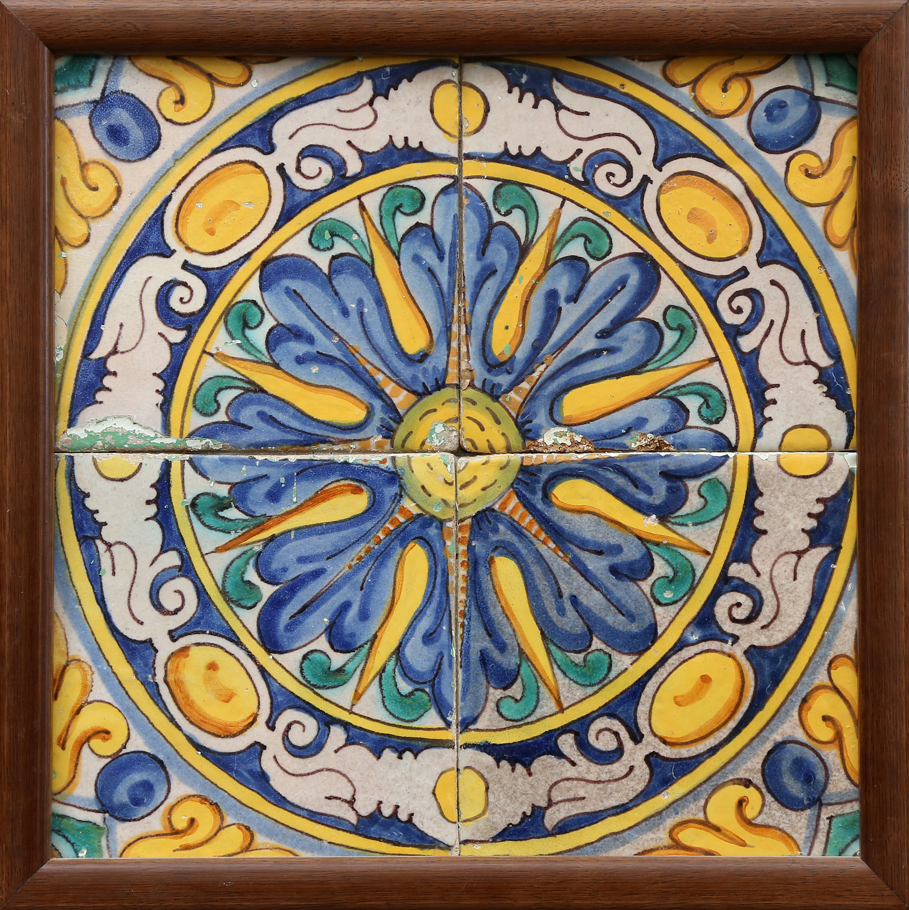 Panel of four Catalan tiles, 17th century.