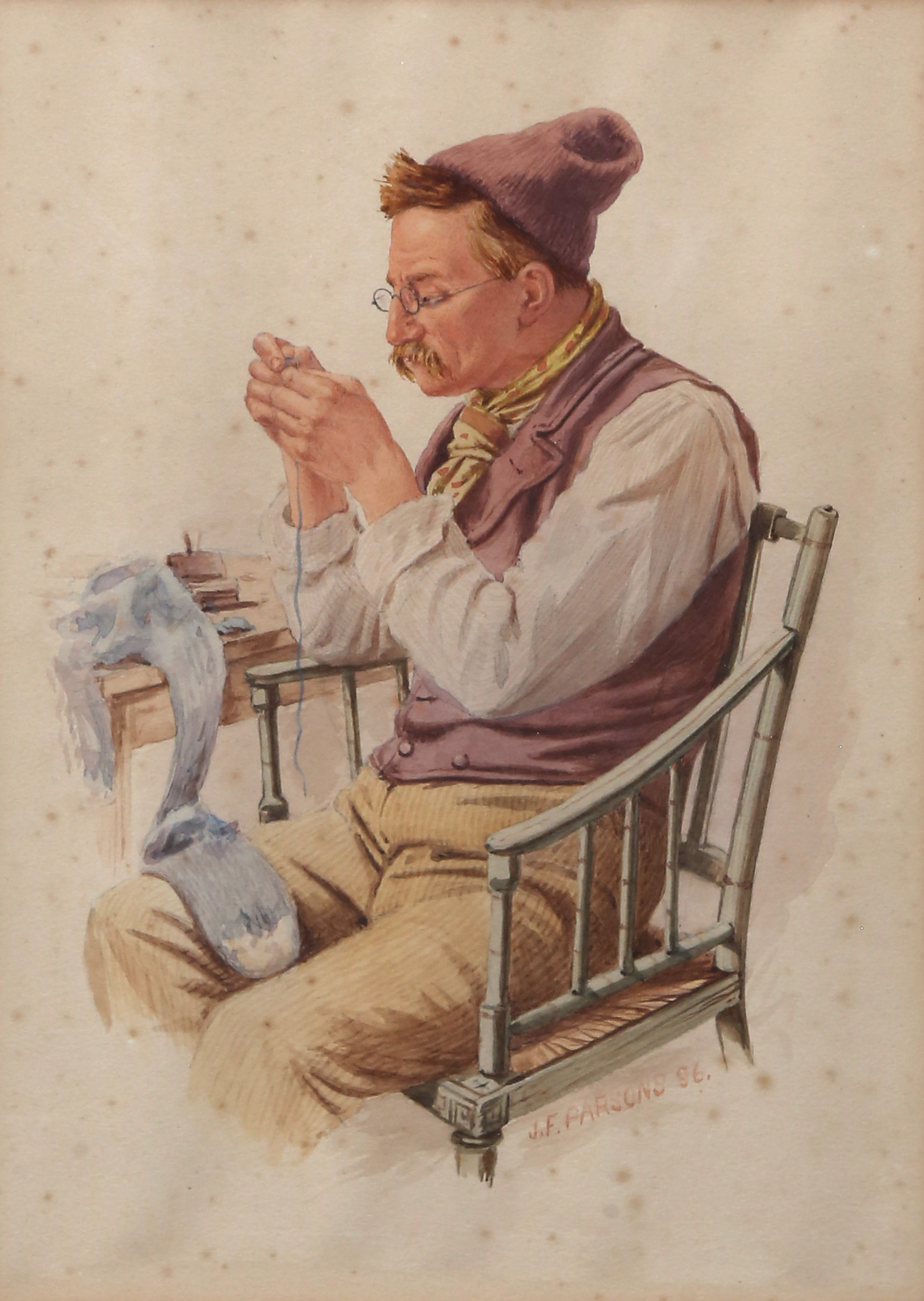 JOHN F. PARSONS. Mending a sock.